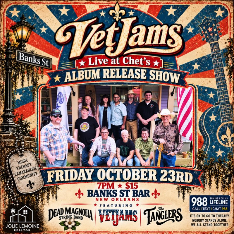 Well we did it yall our first album is set to release in under a month. Friday October 23rd, 7pm to midnight, our good friends @deadmagnoliastringband and @tanglersbluegrass are going to put on a great show at @banksstreetbar and celebrate what we’ve created the last almost 5 years! Hope you can come out and celebrate with us. We’ll have autographed posters by all the bands, and a physical cd’s for sale if you still own a cd player. @charles_absalom song Bismarck to Baghdad will release a week before, and 10/23 the full album will be available on all platforms. Special thanks to @jolielemoinerealtor for her support of the album (and marrying chet). It’s ok to talk about what’s going on in your head and through the VetCenter all veterans can see a therapist for free. #neworleans #neworleansmusic #vetjam #veterans #therapy musictherapy community freeVETtherapy 988