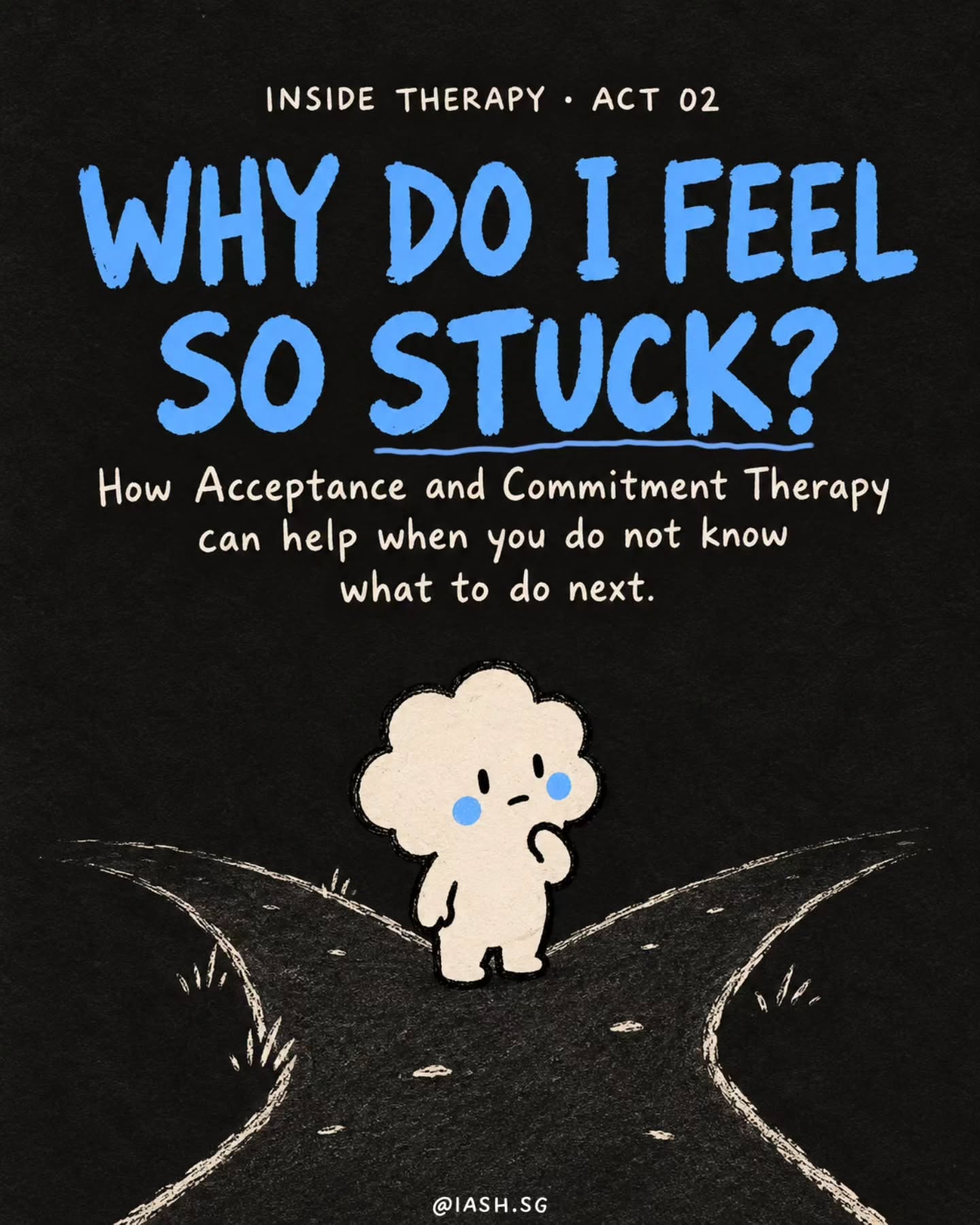 Sometimes feeling stuck is exhausting.
You know something needs to change.
You may even know what some of your options are.
But every direction seems to bring up another fear:
- What if I fail?
- What if I regret it?
- What if I make things worse?
- What if I am just not ready?
And after thinking about it for long enough, sometimes doing nothing starts to feel safer than choosing anything at all.
This is one of the places where Aceeptance and Commitment Therapy (ACT) can be helpful in therapy.
--
ACT does not necessarily try to make you completely confident before you move forward.
It does not promise to remove the fear, give you certainty, or tell you which decision is the “right” one.
Instead, therapy might help you notice what your mind is doing when you become afraid.
To recognise a thought as a thought, rather than immediately treating it as a prediction.
To make some room for the discomfort that comes with uncertainty.
To come back to what is actually happening now.
And eventually, to ask:
- What matters to me here?
- What kind of life do I want to move towards?
- What is one step I can take, even if I am still afraid?
Sometimes therapy is not about finally becoming certain.
Sometimes it is about becoming able to move without needing certainty first.
If you have been feeling stuck for a long time, I hope this gives you another way of understanding what might be happening.
You do not necessarily need to solve your whole life at once.
Sometimes we begin by creating enough room for the next choice.
We've got this,
Team iash
#ACTtherapy #therapy #psychotherapy #feelingstuck #selfdoubt