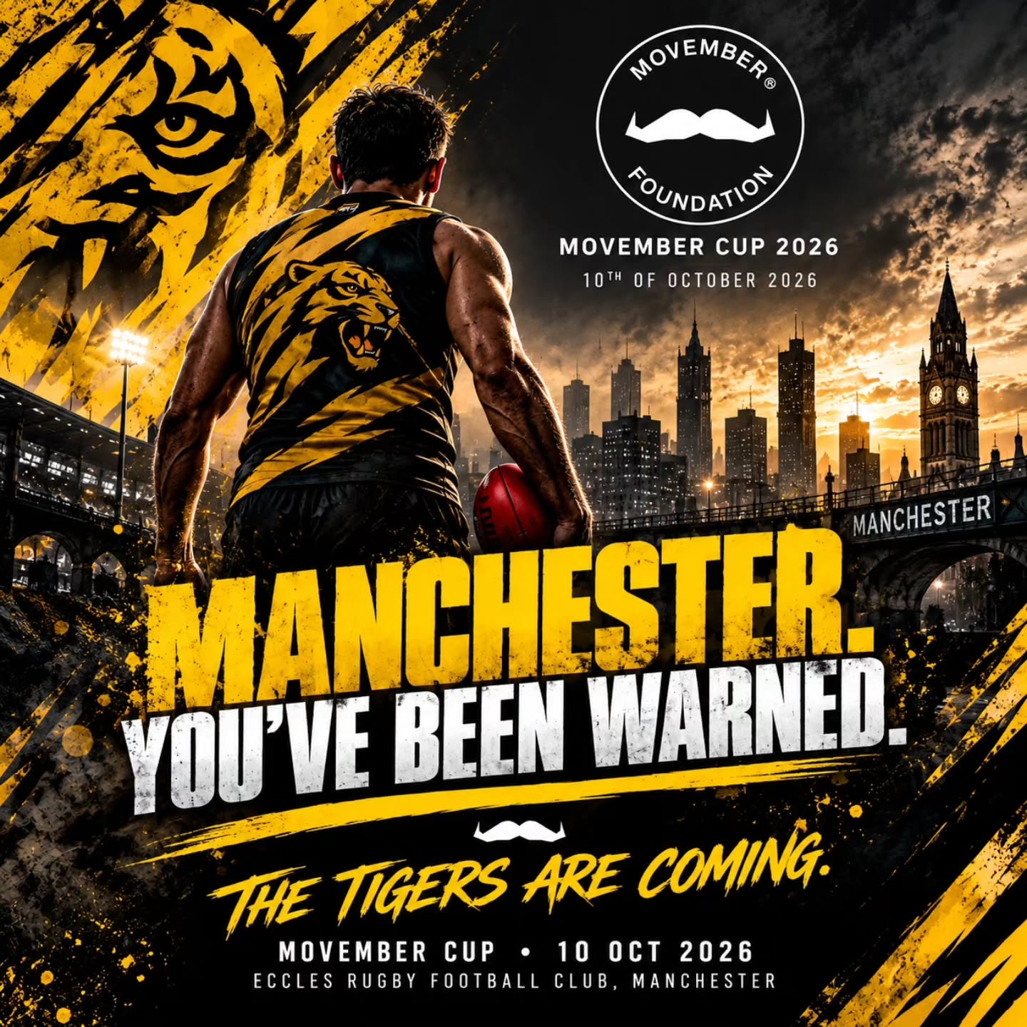 Manchester, you’ve been warned. 🐯
The Tyne Tees Tigers are heading south for the Movember Cup 2026.
📍 Manchester
📅 Saturday 10 October
🥸 Footy for a bloody good cause.
THE TIGERS ARE COMING.
#TyneTeesTigers #MovemberCup #AussieRules #MensHealth #AFL