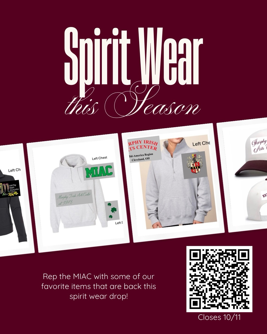 SPIRIT WEAR DROP 🚨
Here are just a few of our favorite pieces from our fall Spirit Wear collection! Just in time to rep the MIAC at the Mid American Oireachtas. Copy the link or scan the QR code to get your merch today! Store closes 10/11
https://shopseasonalsports.com/clubs/dance/murphy-irish-dance/
#murphyirishartsproud