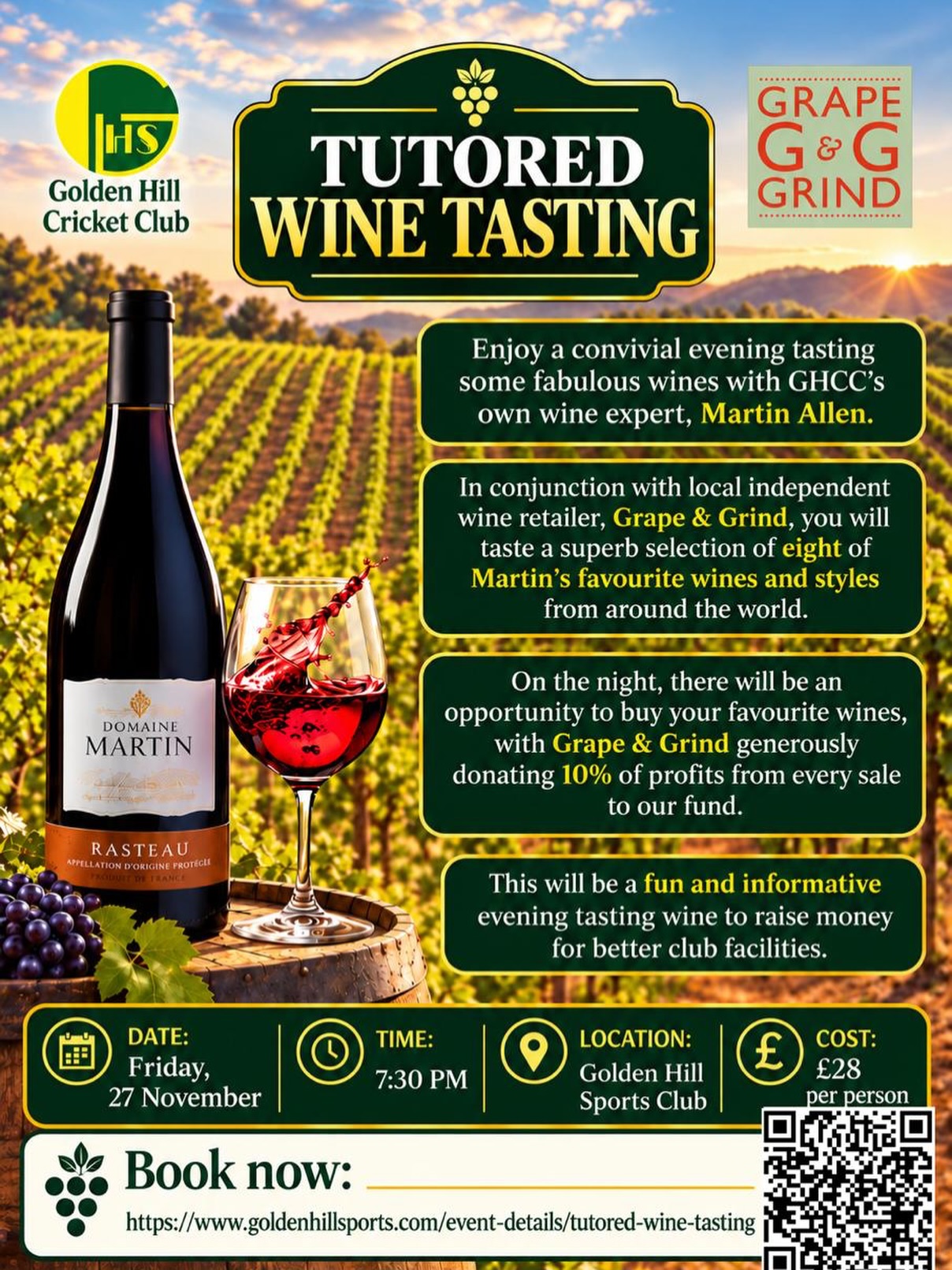 We are very excited to announce a fabulous new fundraising event for the new pavilion. Wine, education(not too much) and a fun evening...sign up soon as limited places...🥂🍷
https://www.goldenhillsports.com/event-details/tutored-wine-tasting
Tickets filling up fast so act now to secure your spot 🍷