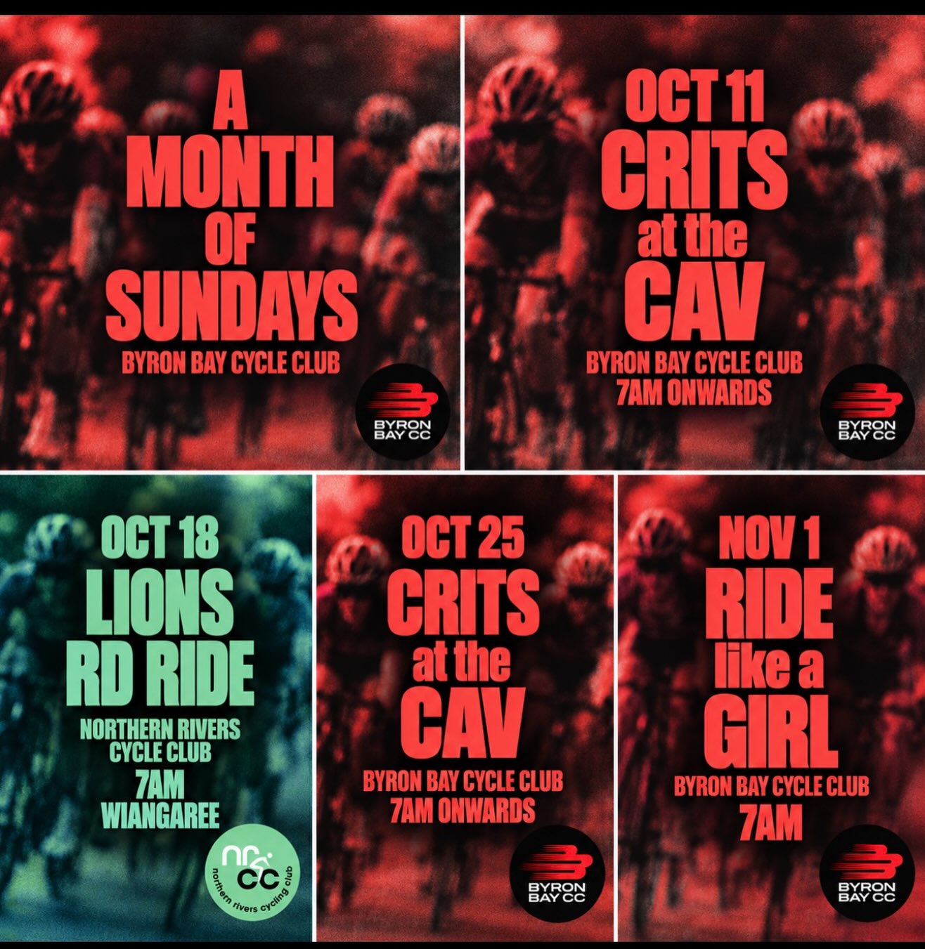 A MONTH of SUNDAYS
OCTOBER 11 - Crits at the Cav All grades from 7 am
OCTOBER 18 - Lions Rd Loop - Northern Rivers Cycle Club
OCTOBER 25 - Crits at the Cav All grades from 7 am
NOVEMBER 1 - RIDE like a GIRL. It’s been 12 years since the last one. All women - all in !
Mark your calendars . Deets to come .
