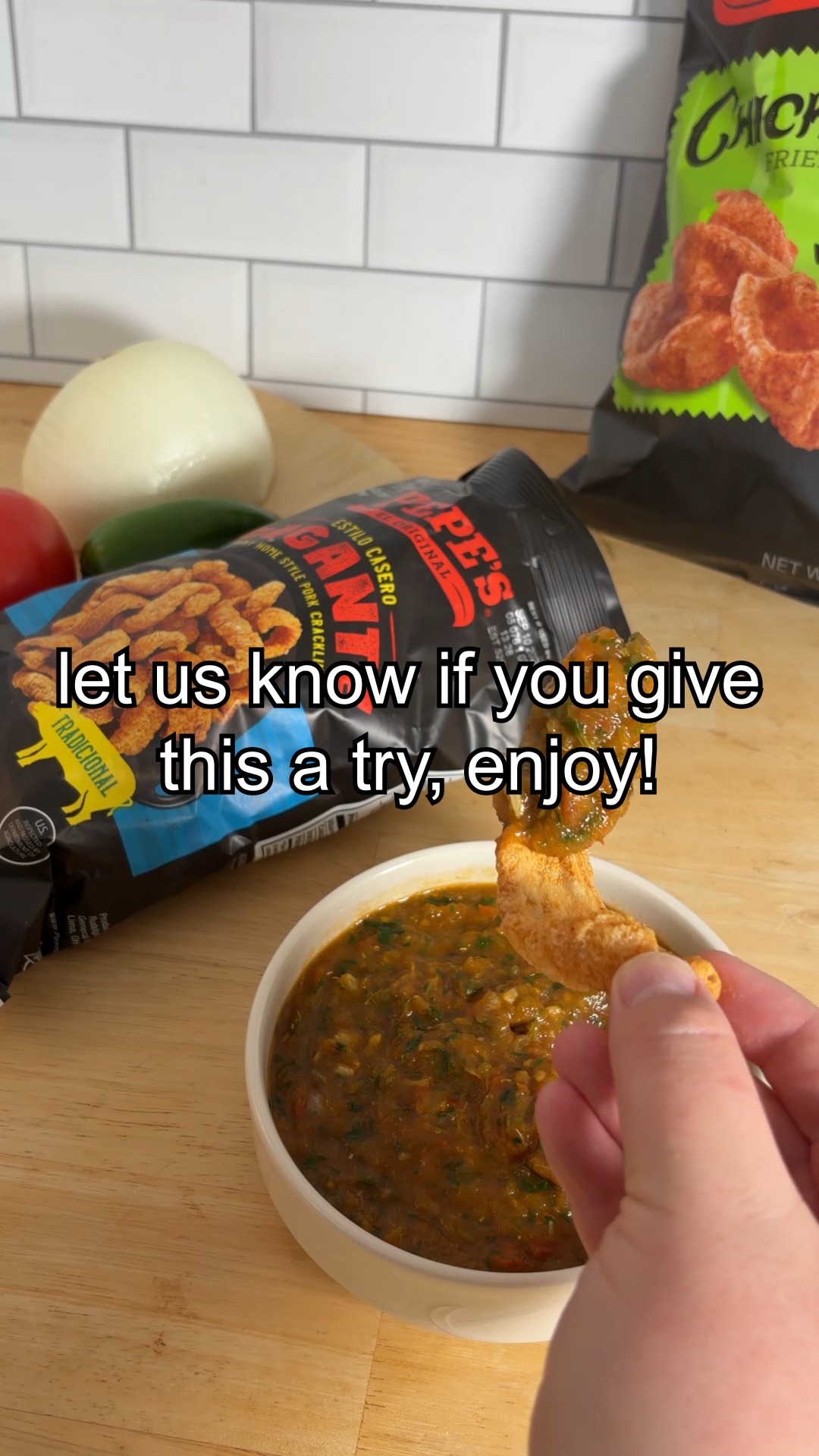 The bigger the chicharrรณn, the better the dip. ๐ Serving up homemade Salsa Roja with Pepeโs Gigante Chicharrones.