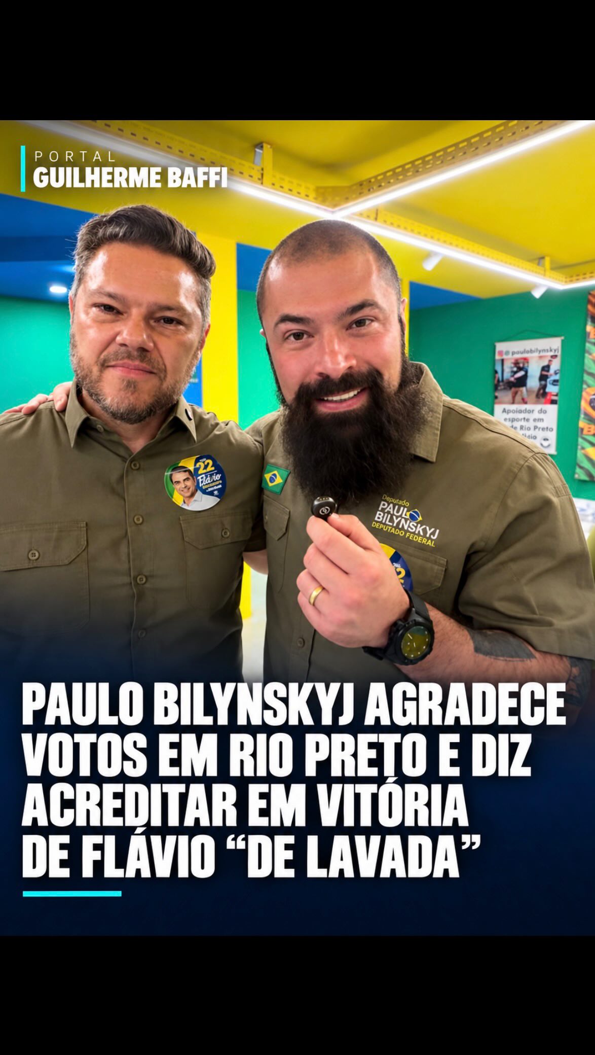 PAULO BILYNSKYJ AGRADECE VOTOS EM RIO PRETO E DIZ ACREDITAR EM VITÓRIA DE FLÁVIO “DE LAVADA”
O deputado federal Paulo Bilynskyj (PL) agradeceu os votos recebidos e destacou o apoio do eleitorado bolsonarista nesta segunda-feira (5), em Rio Preto.
Em Rio Preto, o parlamentar recebeu 12.072 votos. Ao lado do deputado estadual Danilo Campetti (Republicanos), Bilynskyj comentou a disputa pela Presidência da República e afirmou acreditar que Flávio Bolsonaro (PL) vencerá o segundo turno “de lavada”.
Flávio Bolsonaro terminou o primeiro turno na liderança, com 56.104.268 votos, o equivalente a 47,03% dos votos válidos. Lula (PT) recebeu 53.876.617 votos, ou 45,16%. Os dois disputam o segundo turno.
Mais informações no Portal Guilherme Baffi.
