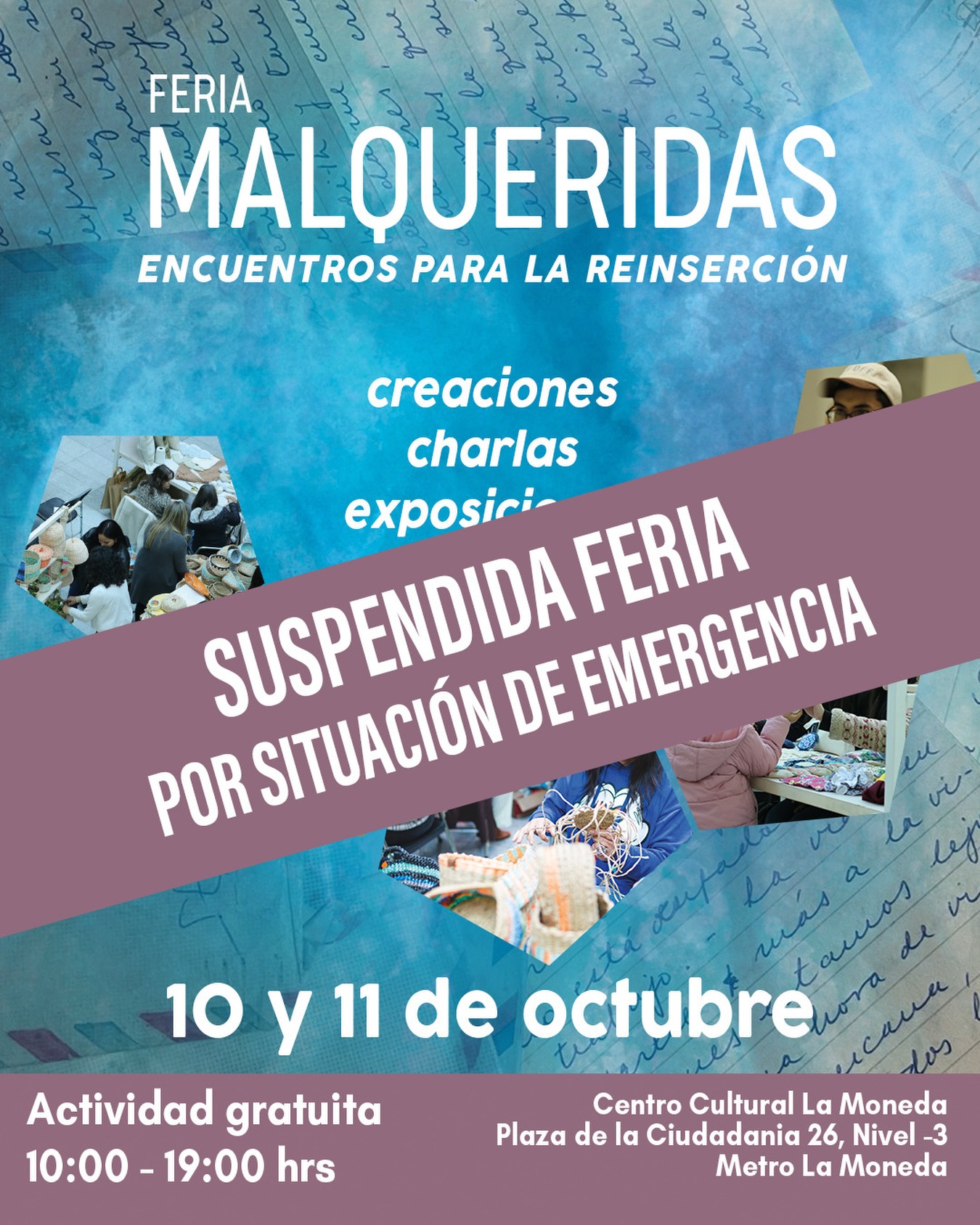 Querida comunidad:
Lamentamos informar con mucho pesar que debido a un amague de incendio ocurrido esta mañana en el Centro Cultural La Moneda, el cual fue controlado por Bomberos, las instalaciones han quedado temporalmente inhabilitadas.
Por este motivo, nos vemos en la necesidad de suspender la Feria Malqueridas: Encuentros para la Reinserción y todas sus actividades.
Esperamos pronto compartir las nuevas fechas para encontrarnos y seguir trabajando en pos de la reinserción.
Agradecemos profundamente a todas y todos los participantes del evento su comprensión y lamentamos los inconvenientes.
Equipo Feria Malqueridas.
#FeriaMalqueridas #Reinserción #ReinserciónSocial #Malqueridas #CineChileno Documental ErranteProducciones CCPLM
@fundacion_artecomunitario @letraspublicas @redaccioncarcelaria @ccplm @juntosporlareinsercion