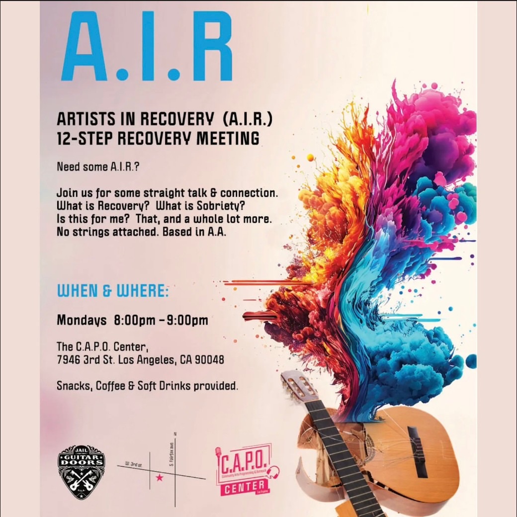 Artists In Recovery (A.I.R.) meets tonight at 8:00 PM.
A.I.R. is an open 12-Step meeting created for everyone, whether you’re seeking support, actively in recovery, or looking for a welcoming community.
📍 @thecapocenter
7946 W. 3rd St., Los Angeles, CA 90048
⏰ Every Monday at @ 8:00 PM
Please share or send this to a friend who might need it. All are welcome.