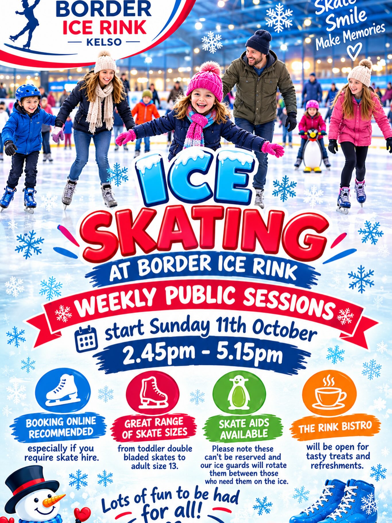 ⛸️❄️ ICE SKATING IS BACK AT BORDER ICE RINK! ❄️⛸️
Get ready for some family fun on the ice! ❤️💙
Our weekly public ice-skating sessions start Sunday 11th October!
📅 Every Sunday
⏰ 2.45pm – 5.15pm
📍 Border Ice Rink, Kelso
👨👩👧👦 Bring the whole family and enjoy a fun afternoon on the ice!
⛸️ Great range of skate sizes – from toddler double-bladed skates right through to adult size 13.
🐧 Skate aids available – these cannot be reserved and our ice guards will rotate them between those who need them.
💻 Online booking recommended, especially if you require skate hire.
☕ The Rink Bistro will also be open for tasty treats and refreshments.
✨ Lots of fun to be had for all! ✨
🎄 Keep an eye on our socials for details of our festive skating sessions and themed disco sessions coming soon!
👉 Book online and come join us on the ice!
#BorderIceRink #Kelso #IceSkating #FamilyFun #ScottishBorders SkateSmileMakeMemories ThingsToDoInKelso WinterFun ⛸️❄️❤️💙