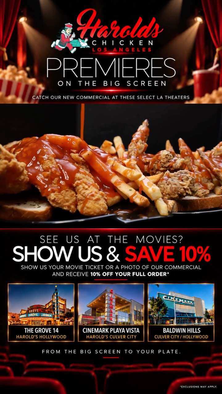 Catch our NEW COMMERCIAL in theaters! 🎥🍿
📍The Grove 14, 📍Cinemark Playa Vista & 📍Baldwin Hills.
👀 Spot us at the movies? Show us your movie ticket or a photo of our commercial and receive 10% OFF your full order at Harold’s Hollywood or Culver City.
#HaroldsChicken #HaroldsLA #HollywoodEats #CulverCityEats #LosAngelesEats