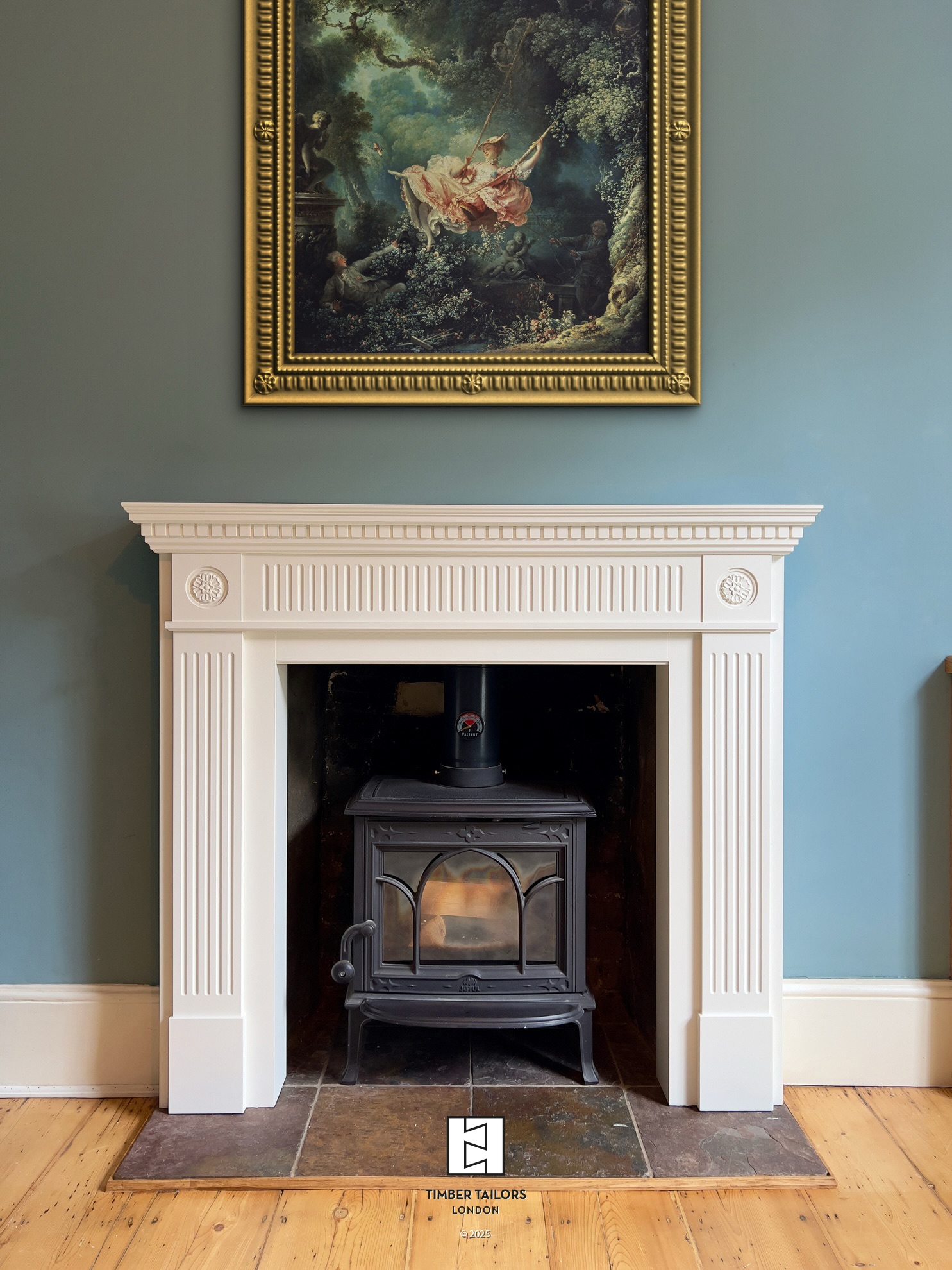 This neo-Victorian style bespoke mantlepiece was created for a residential home owner based in Greenwich in 2025. The brief was to create the mantlepiece to elevate the room, in keeping with the period of the house (mid-19 Century) and replacing an old yet none-original one certainly crafted with good intentions in first place.
The new mantlepiece is made using hydrofugo moisture-resistant MDF, primed and spray-painted with two topcoat of egg-shell white paint.
The addition of crenelated details got reintroduced in architecture and decorative interior furnishing elements during that period and described as ‘Gothic Revival.
The additional picture frame above the mantle piece in the first image has been generated using Claude AI to embellish the surrounding decor. The artwork represents Fragonard’s gallant scene ‘The Lucky Chance Of The Escarpolette’ painting (1767-1769) also know as The Swing or The Happy Accident Of The Swing. The original painting can be seen at the truly wonderful Wallace Collection Museum in London.
#mantlepiece
#interiordecor
#bespokefurnituredesign