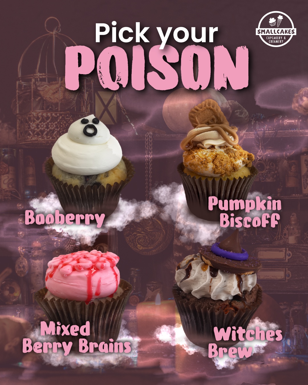 Pick your poison… but make it cupcakes. 🧁🎃
October’s specialty flavors are here, and choosing just one might be the hardest part:
👻 Booberry – Blueberry cake topped with vanilla buttercream and a cute little ghost.
🧠 Mixed Berry Brains – Mixed berry cake topped with pink buttercream decorated like brains.
🎃 Pumpkin Biscoff – Pumpkin cake filled with Biscoff cookie butter, topped with Biscoff buttercream, cookie crumbles, drizzle, and a Biscoff cookie.
🧙 Witches Brew – Oreo cake with mini M&M’s, caramel filling, Oreo buttercream, chocolate and caramel drizzle, and a witch hat on top.
Which one are you picking first? Stop by Smallcakes and try your October favorite before they’re gone!