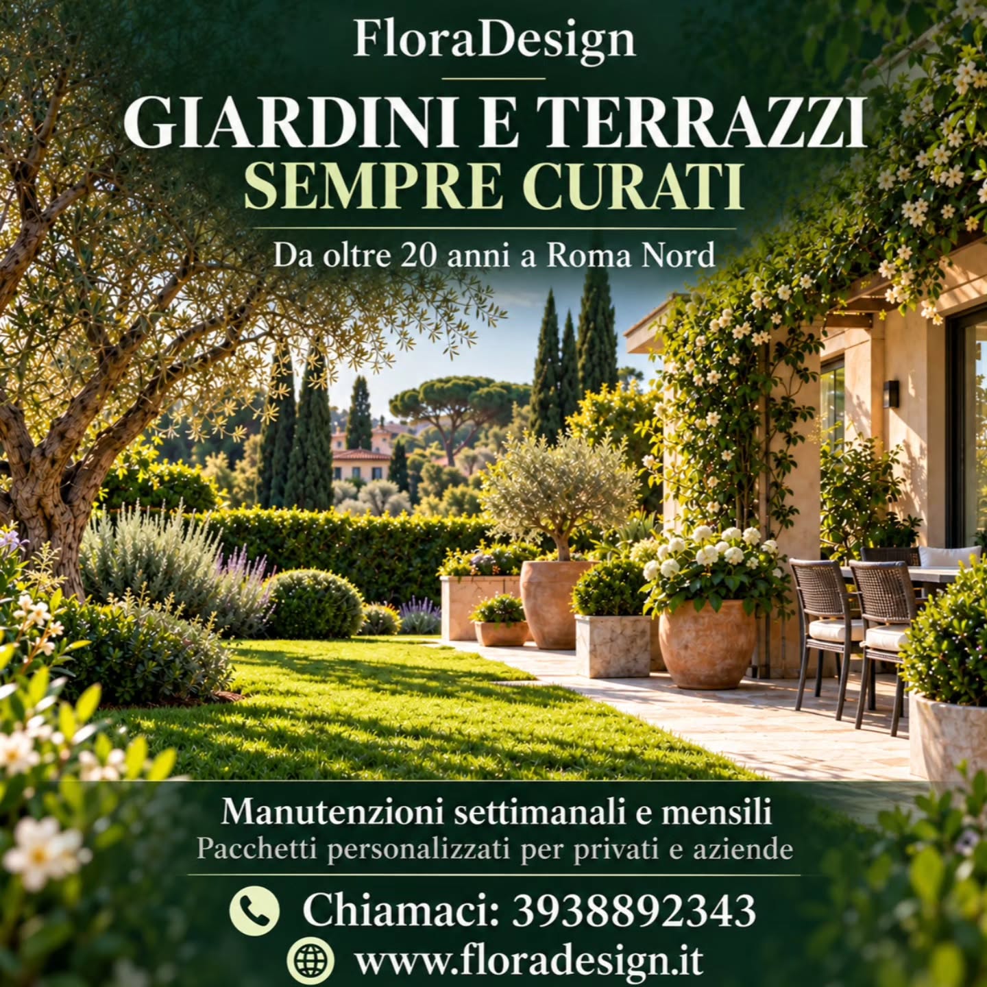 🌿 Cerchi qualcuno che si occupi con regolarità del tuo giardino o terrazzo?
Da oltre 20 anni, FloraDesign è un punto di riferimento a Roma Nord per la cura del verde.
Realizziamo pacchetti di manutenzione personalizzati per privati e aziende, per piccoli e grandi giardini e terrazzi.
📅 Interventi settimanali o mensili, concordati in base alle tue esigenze e alla stagione.
🌱 Taglio e cura del prato ✂️ Potatura di siepi e cespugli 🪴 Cura delle piante e concimazione 💧 Controllo dell’impianto di irrigazione 🍂 Pulizia e riordino delle aree verdi
📞 Chiamaci o scrivici su WhatsApp al 3938892343, indicando la zona e il tipo di spazio da curare. Valuteremo insieme il pacchetto più adatto.
🌐 www.floradesign.it
#FloraDesign #RomaNord #GiardinaggioRoma #ManutenzioneGiardini #ManutenzioneTerrazzi