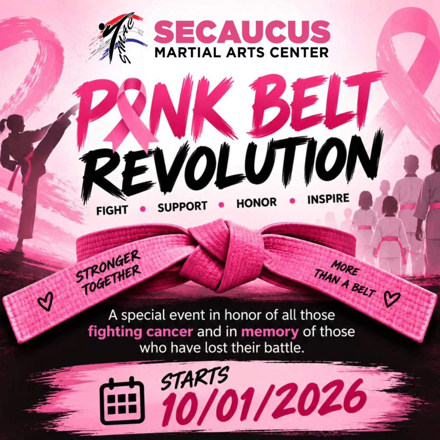 🥋🎀 PINK BELT REVOLUTION 🎀🥋
Stronger Together. Together We Fight.
Join Secaucus Martial Arts Center as we fight, support, honor, and inspire those affected by cancer. Every donation makes a difference.
🎗️ Starting October 1, 2026
Donate & receive a Pink Belt in support of the cause.
Every kick. Every punch. Every person matters.
To Donate link is in bio
#pinkbeltrevolution #secaucusmartialarts #secaucus #strongertogether