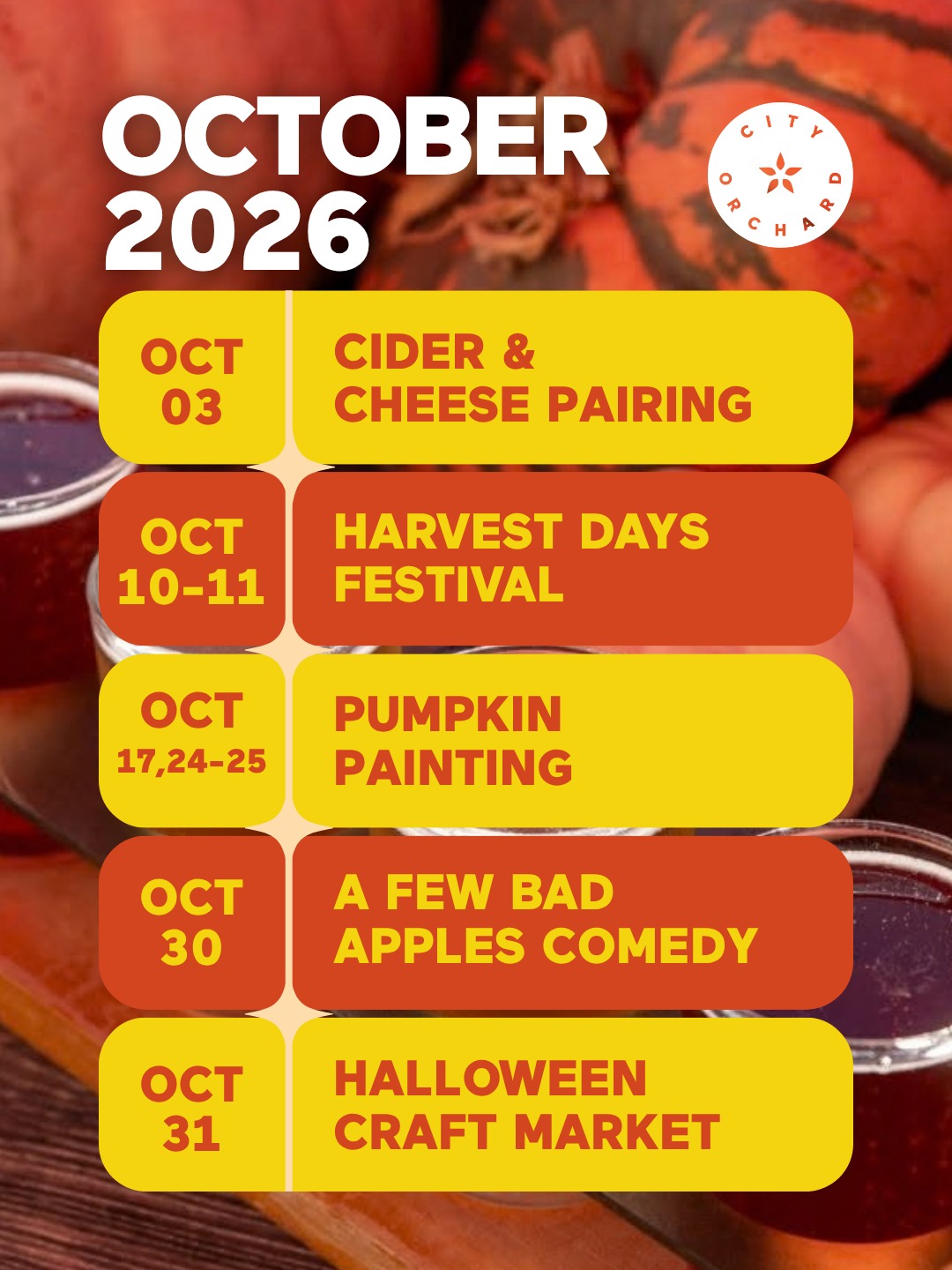 October, all at once. 🎃
Oct 3 — cider and cheese with Curd Culture. Two seatings, 35 seats each, $50 per person.
Oct 10 + 11 — Harvest Days Festival. Pumpkin patch, pumpkin painting, orchard apples, live music Saturday. Free, no tickets.
Oct 17, 24 and 25 — more pumpkin painting, while supplies last.
Oct 30 — A Few Bad Apples Comedy.
Oct 31 — Halloween craft market on the patio, 2 to 7.
The Harvest Flight pours all month. Harvest Spice is the one people keep coming back for.