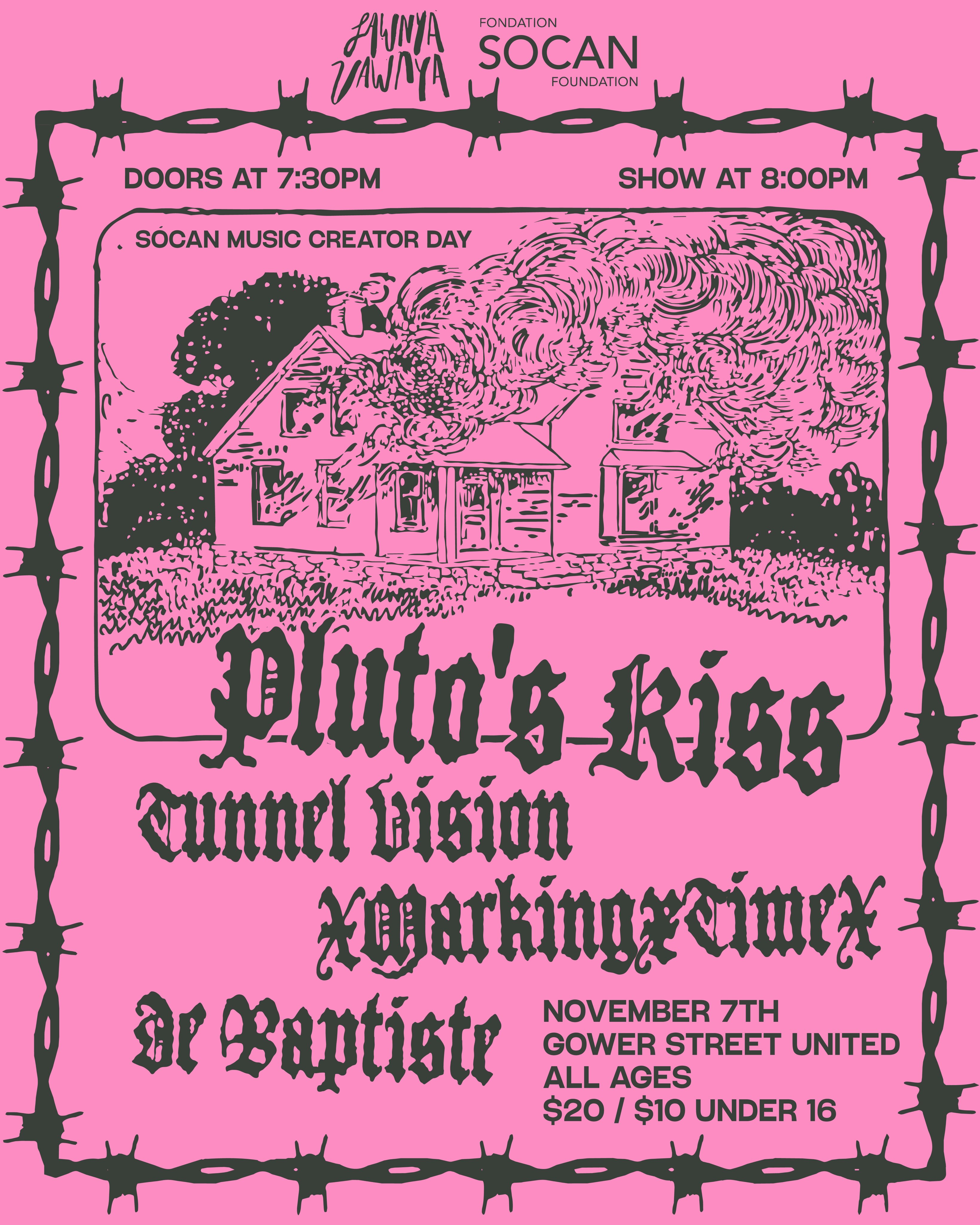 @socanmusic Music Creator Day x @lawnyavawnya bring Pluto’s Kiss | Tunnel Vision | XMarkingxTimeX | De Baptiste to Gower Street United Church on November 7th!
Doors 7:30pm / Show 8:00pm / $20 / $10 Under 16 / ALL AGES
Tickets on sale NOW on our site - 🔗 in bio!