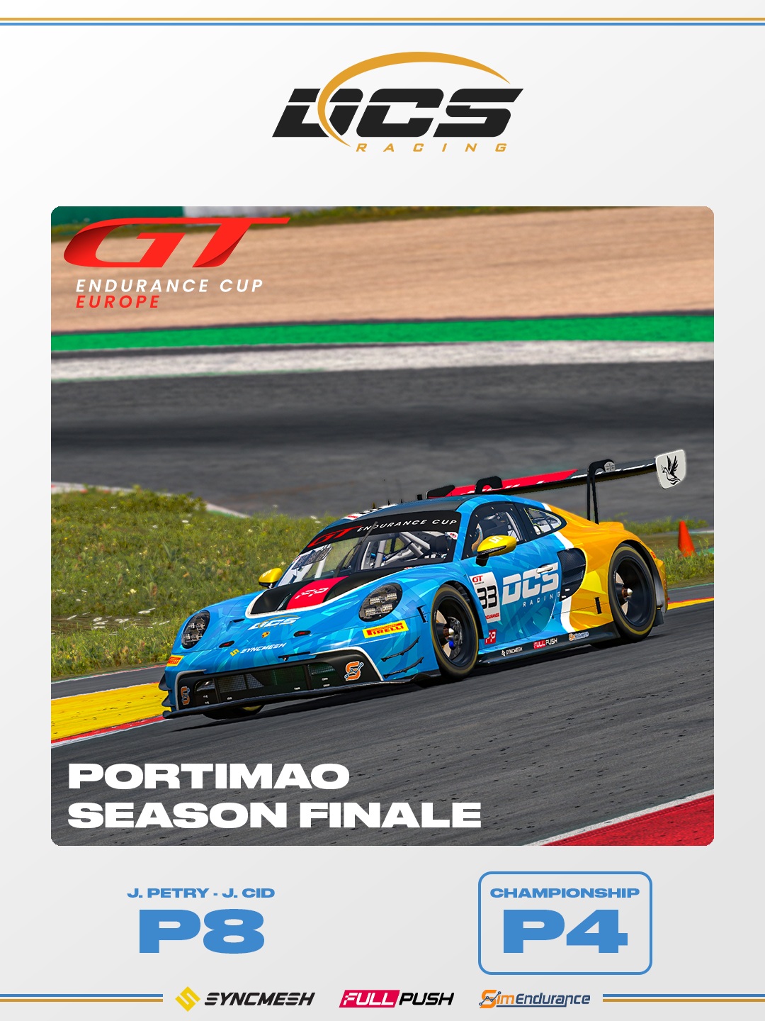 Season 1 of the @gtendurancecup is officially over!
The season finale took place in PortimĂŁo and the DCS car started from P2. Unfortunately, the Porsche was just not a very strong contender around PortimĂŁo so the car initially dropped to P3, before fighting for said position with the @fischermotorsport Porsche 911 GT3R. During that fight, Jonathan caused a collision and received Damage and a Drive-Through Penalty that placed the DCS car at the back.
An unfortunate race result but we are happy with our performance across the season nonetheless!
#racing #simracing #iracing #gt3 #gtendurancecup