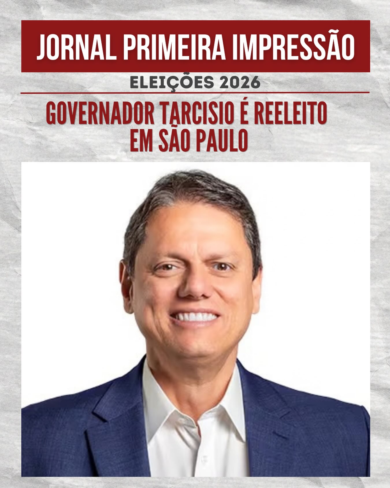 ELEIÇÕES 2026 | Tarcísio de Freitas é reeleito governador de São Paulo.
Com 100% das urnas apuradas pela Justiça Eleitoral, o atual governador garantiu a permanência no Palácio dos Bandeirantes ao somar 62,85% dos votos válidos, definindo a disputa ainda no primeiro turno.