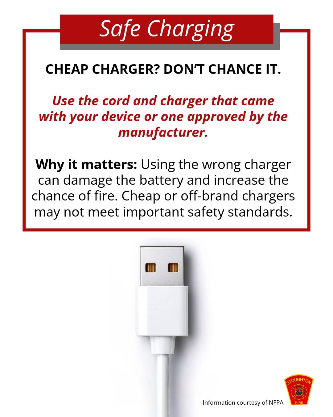 This week is Fire Prevention Week! The theme this year is 'Charge into Fire Safety: Safe Charging Is a Superpower!' ⚡🔋
Protect your home with these simple battery safety habits:
-Charge only on hard, flat surfaces—never beds or pillows
-Unplug devices once fully charged
-Charge e-bikes, scooters, and tools outdoors
Stop using devices immediately if they overheat, swell, or smell unusual.
Swipe through these slides for essential safety tips from the NFPA.
#StoughtonFire #SafeCharging #FireSafety #BatterySafety #FirePreventionWeek