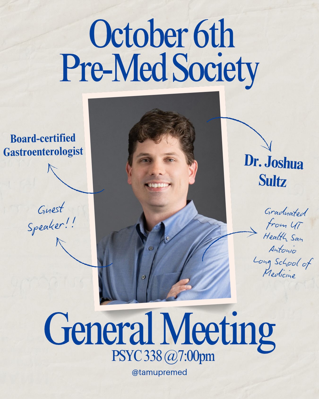 Come hear from our guest speaker, Dr. Joshua Sultz, and learn about Gastroenterology, his journey as a physician, and what it truly means to practice medicine at this week’s general meeting!
🗓️ October 6th
⏰ 7:00pm-8:00pm
📍 PSYC 338