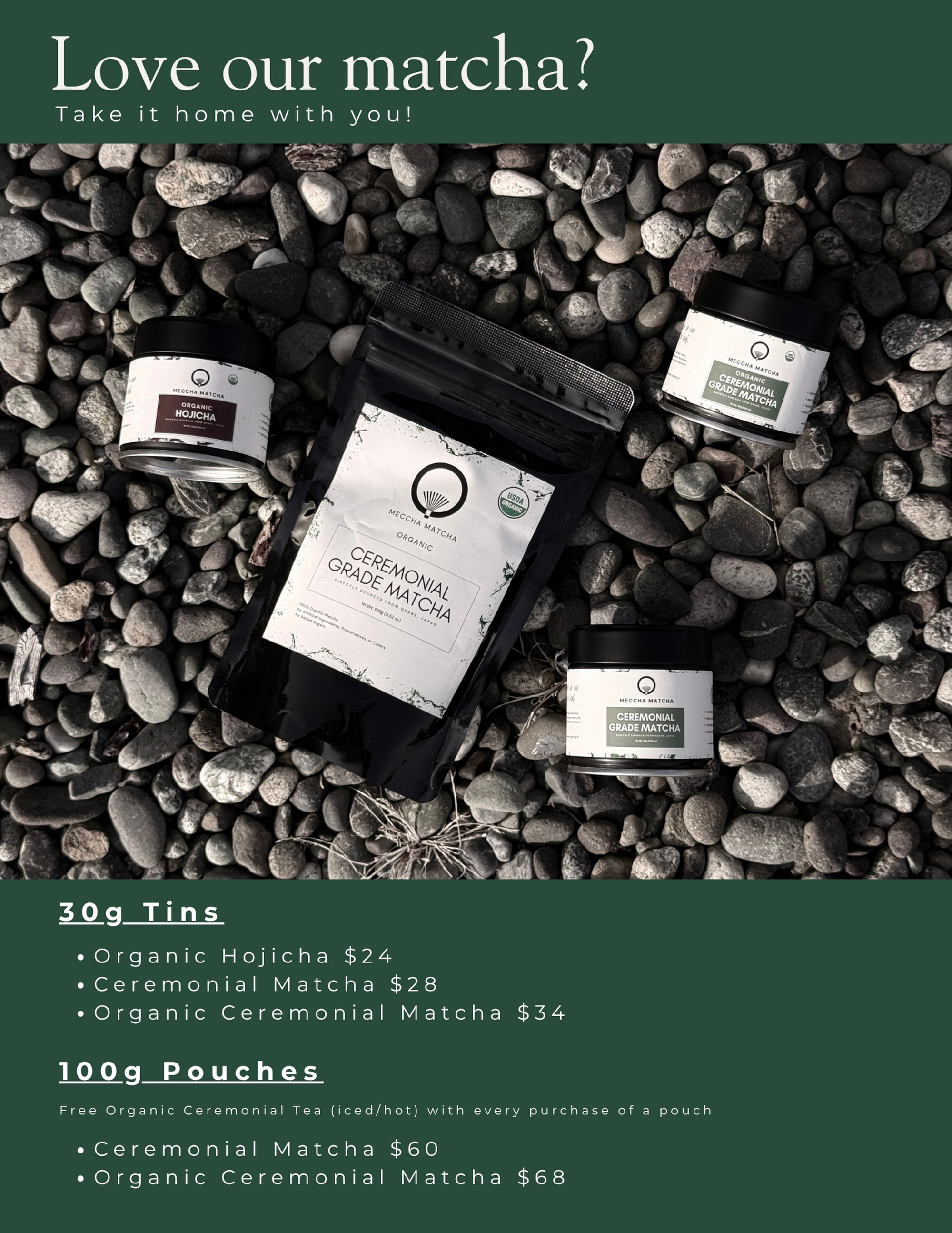 Make your own matcha at home 🏠 Stop buy and grab a tin/pouch today!
With ever 100g matcha pouch you buy, you get a free Organic Ceremonial Tea ☺️🍵 (No substitution or upgrade)