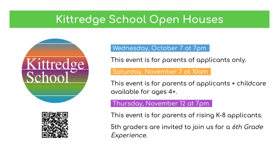 📣 Know anyone who is interested in Kittredge or would be a great fit?! 📣
This is the perfect opportunity to learn more about our school as we have 3 open houses over the next few months!! Find out more information on the admissions tab of our website. 🏫