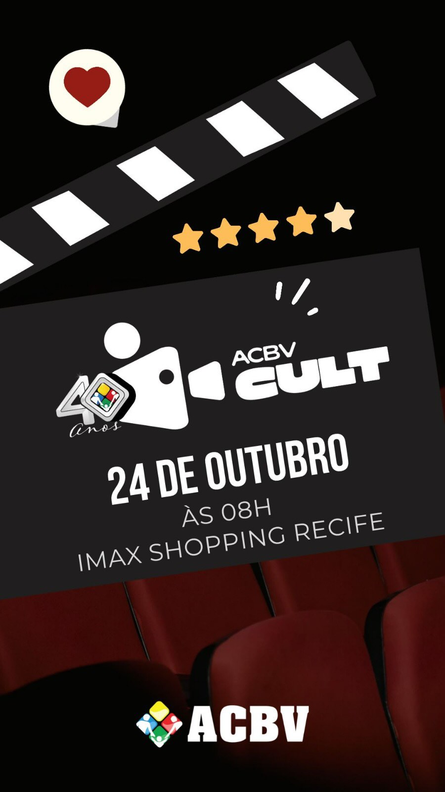 *Celebrando 40 anos de boas ideias!*
Vem aí o ACBV Cult 2026, dia 24 de outubro, às 8h da manhã, no IMAX do Shopping Recife, UCI Cinemas.
Ao longo deste ano, nossos alunos, do 2° ano do Ensino Médio, mergulharam nos temas já trabalhados nas edições passadas. Revisitaram temas de anos anteriores, escolheram alguns deles e produziram quatro curta-metragens que serão exibidos nesse dia. Um tempo de inspiração, comunhão e gratidão.
“Ensina-nos a contar os nossos dias para que o nosso coração alcance sabedoria” Salmo 90:12
Te esperamos lá!
#ACBVCULT #ACBV40anos