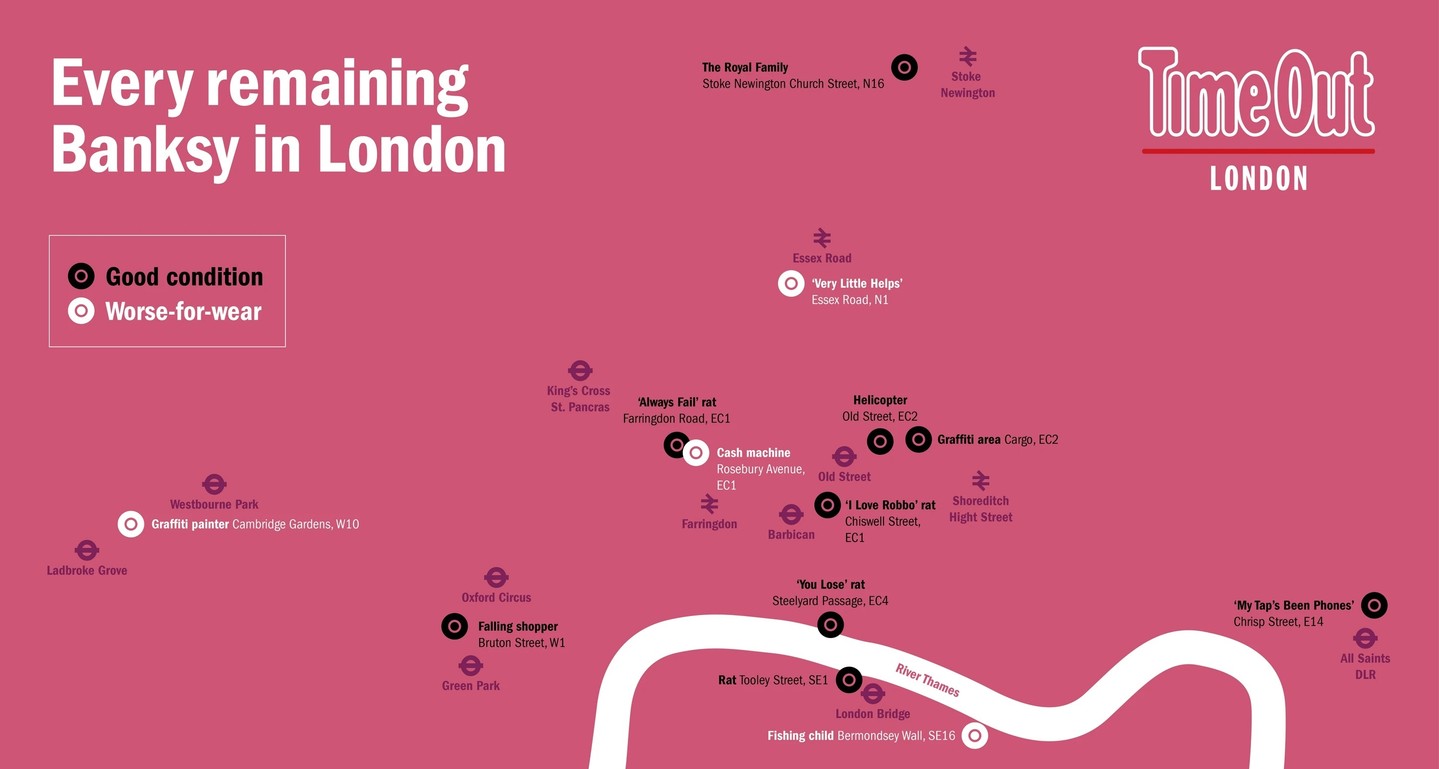 #MapMonday On this day in 2018, Banksy’s work "Girl With Balloon" was automatically shredded via a shredder hidden in its frame moments after being sold for 1 million pounds!
This map from https://www.timeout.com/london/news/heres-a-map-of-all-the-banksys-you-can-still-spot-around-london-030117 shows the visible Banksy artworks across London. Check out the article for individual photos