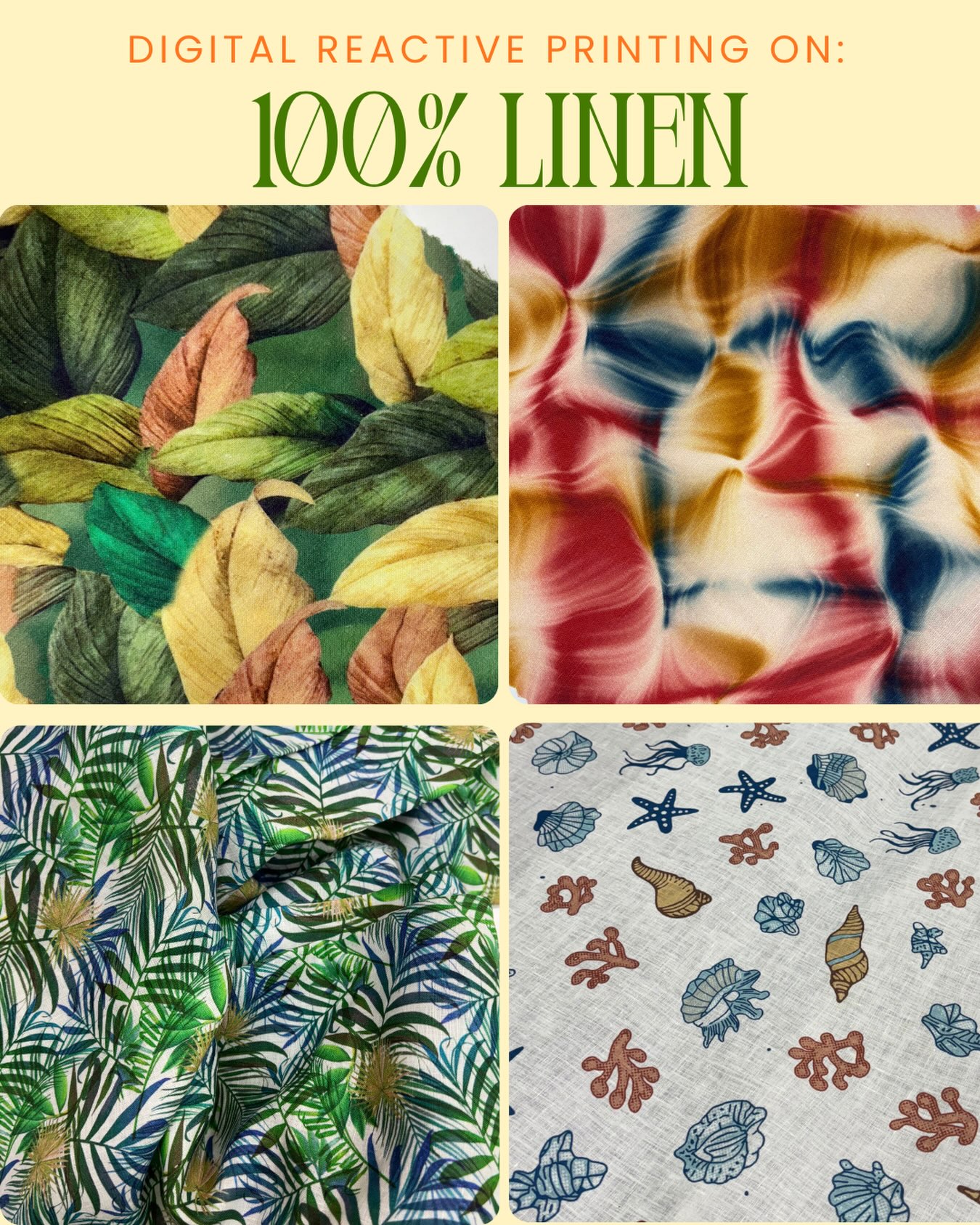 100% Pure Linen and Cotton Linen blends are often always dyed for single colours. But at our unit, we have managed to digitally print linen fabrics for various clients over the years. Using digital reactive printing, and our post print fabric processes we have perfected the quality of printed linen.
Contact us via email or phone to discuss your order
📧info@soundaryadigitalfabricprints.com
📲 +91 8951960118