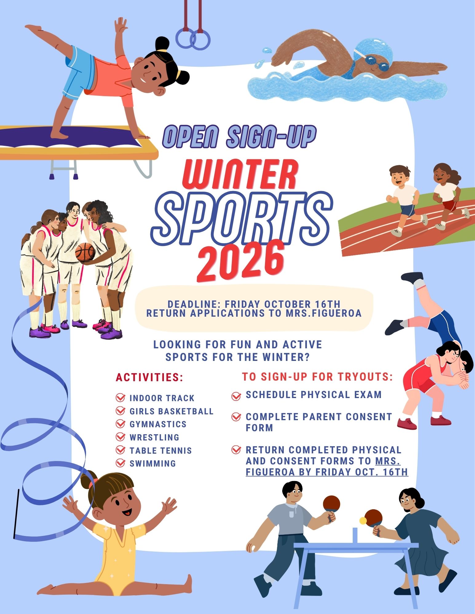 ๐ OPEN SIGN-UP: WINTER SPORTS 2026! ๐๐โโ๏ธ
Looking for fun and active sports to participate in this winter? Winter sports sign-ups are now open at Crotona International High School!
๐โโ๏ธ Available Activities:
โข Indoor Track
โข Girls Basketball
โข Gymnastics
โข Wrestling
โข Table Tennis
โข Swimming
๐ How to Sign Up for Tryouts:
1๏ธโฃ Schedule a physical exam
2๏ธโฃ Complete the parent consent form
3๏ธโฃ Return both completed forms to Mrs. Figueroa by Friday, October 16th
โฐ Deadline: Friday, October 16th
Get your physicals scheduled and submit your forms on time so you're cleared and ready for tryouts! ๐ชโจ
#CrotonaIHS #WinterSports #CrotonaAthletics #GirlsBasketball #IndoorTrack #Swimming #Wrestling #TableTennis #Gymnastics #HighSchoolSports #StudentAthletes