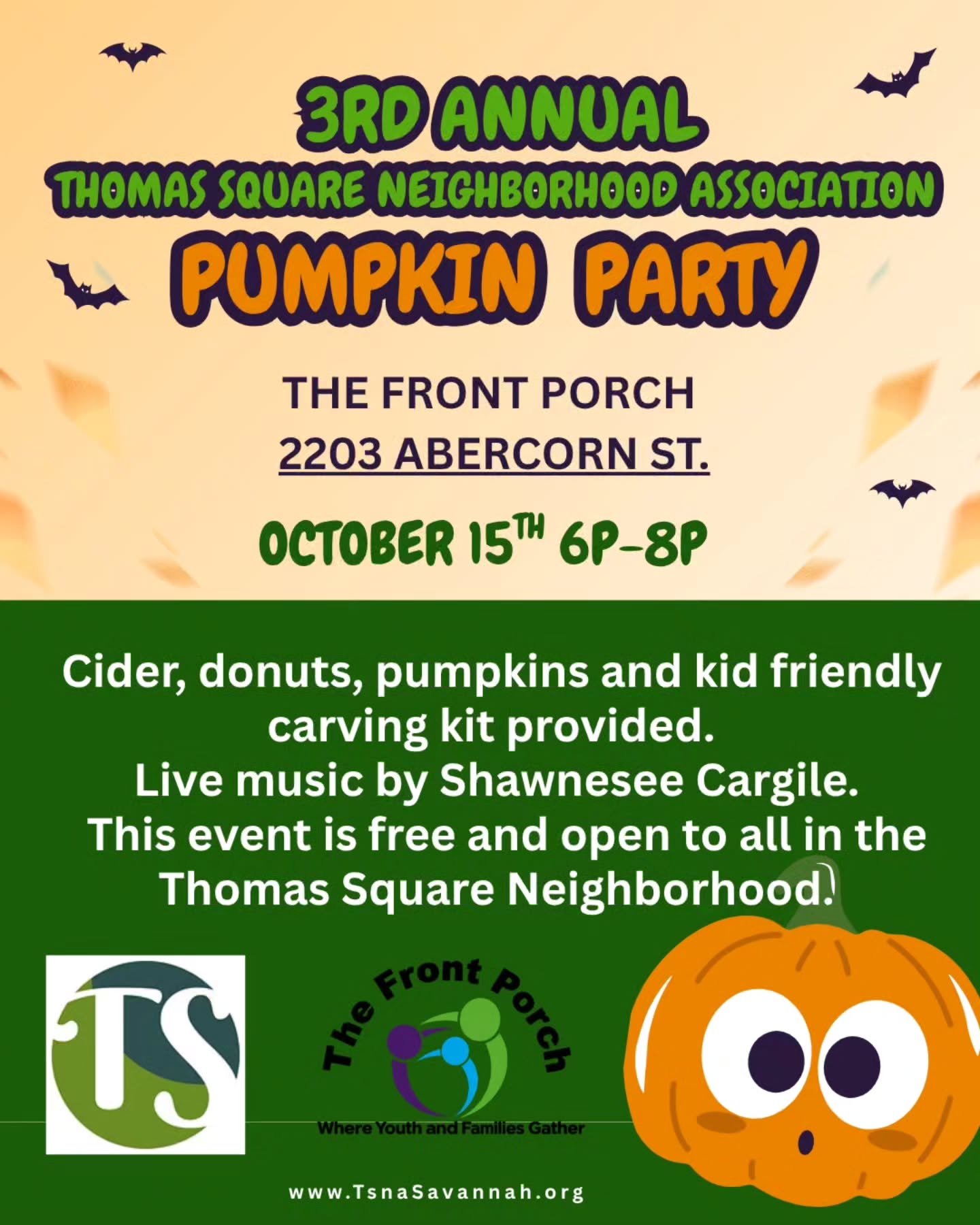 JOIN US for our 3rd Annual Pumpkin party Oct 15 from 6p-8p at The Front Porch. We'll bring the pumpkins, cider, donuts, and carving kits. You bring the whole family. LIVE music by Shawnesee Cargile. Dont worry you dont have to be a kid to carve a pumpkin! Please RSVP. LInk in bio.