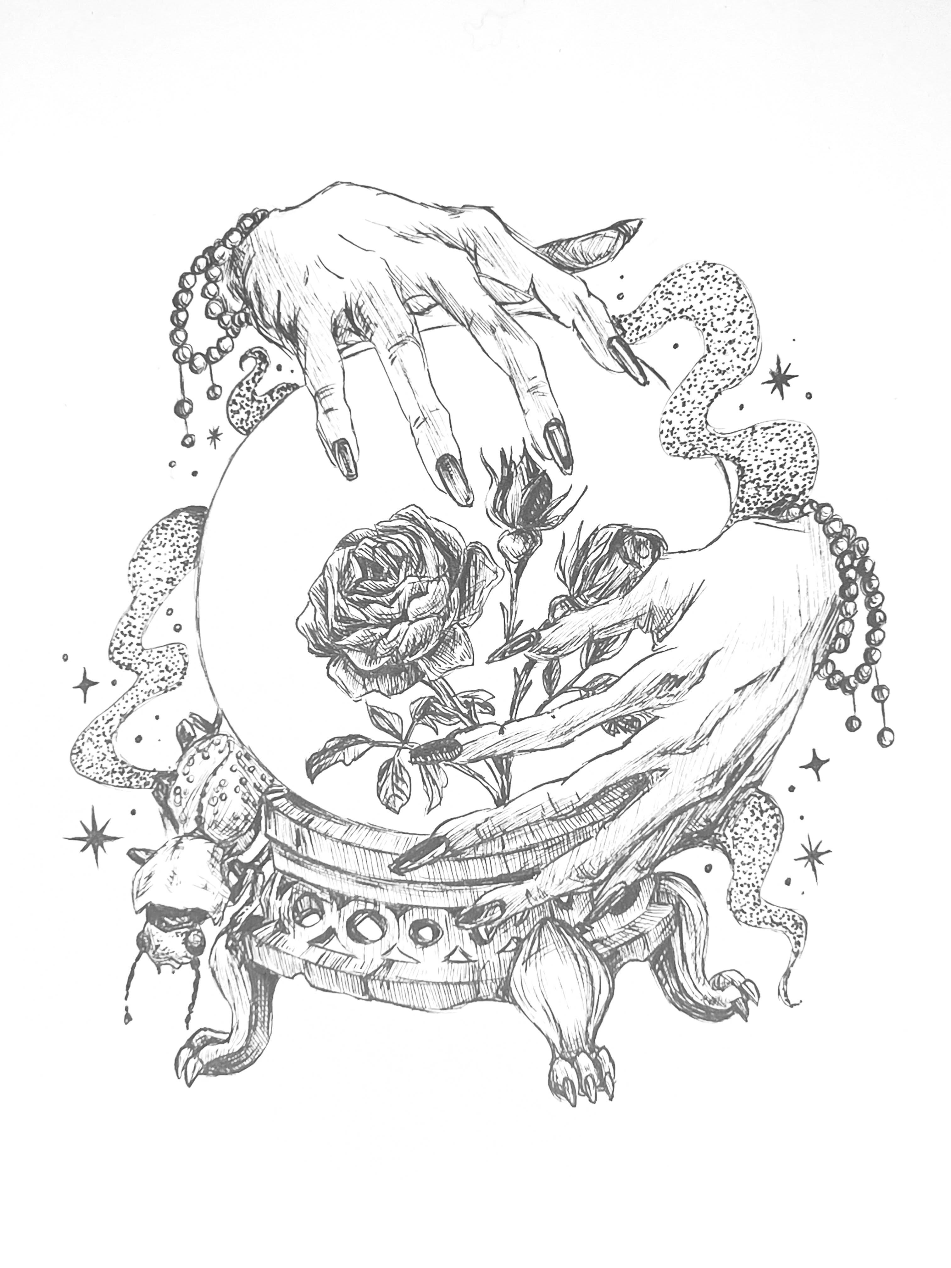 For Drawtober’s “Witch’s Garden” I looked to the classic Practical Magic for inspiration ✨ the movie deals with themes of bad omens and magic impacting the past and future of the family so I drew a crystal ball foretelling the roses in the garden and a deathwatch beetle lurking ominously. @drawtober #drawtober #day5