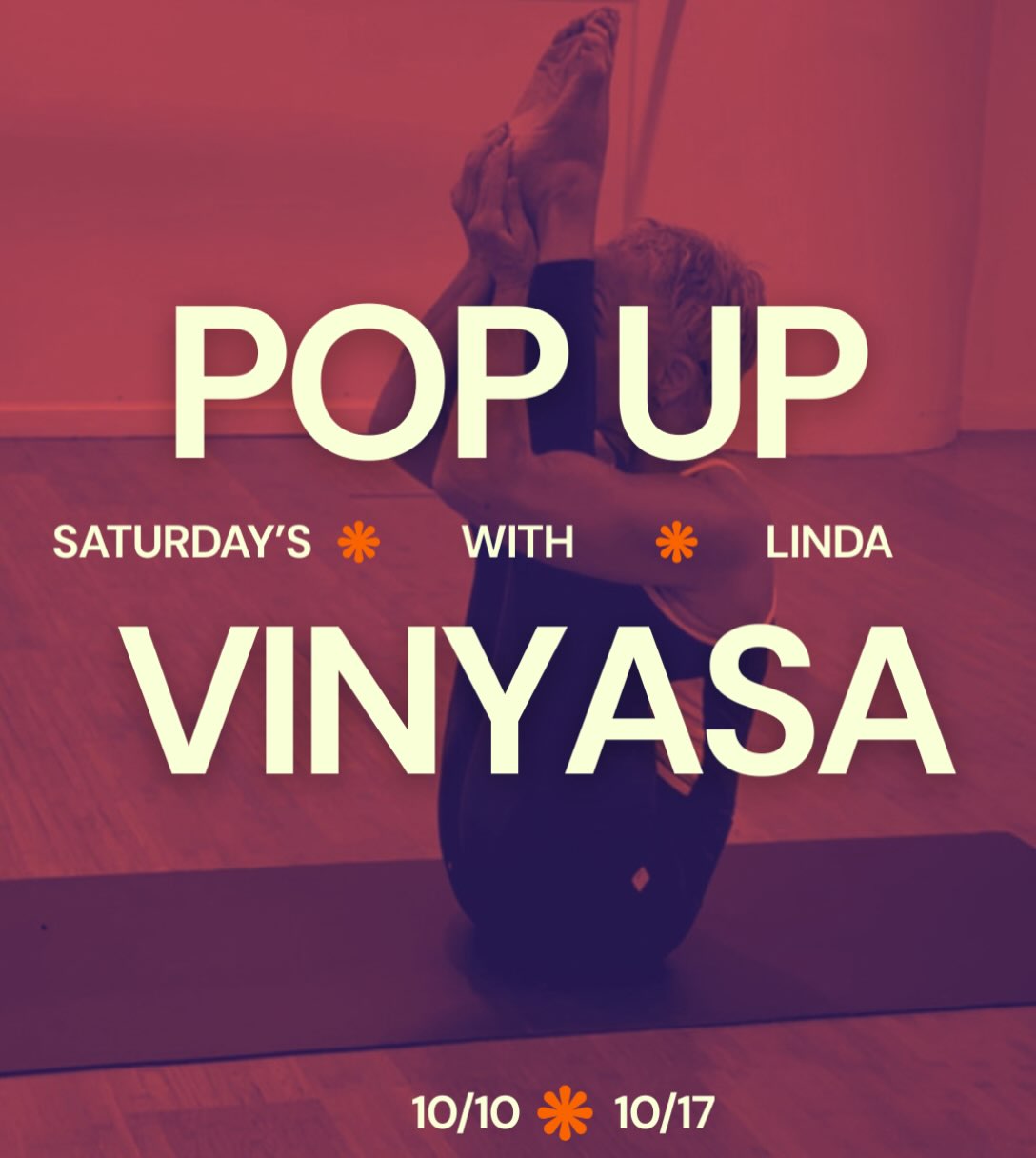 ✨ POP-UP ALERT: Vinyasa with Linda !✨
Saturday 10/10 & 10/17 @ 12:00pm
⏱ 60 minutes of breath-led movement
You might know @lschellenger from her intermediate Bikram class on Sundays 🔥 Now she’s bringing her energy to a special vinyasa practice. Expect strong sequences, smooth transitions, and a little playfulness along the way 😊
Tag a yoga buddy who needs to flow with you 💛
#VinyasaFlow #PopUpYoga #YogaWithLinda #SaturdayFlow #YogaCommunity
