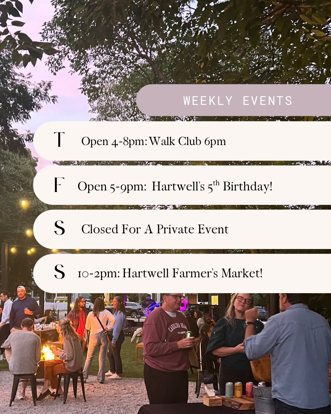 This week at Hartwell! Walk club Thursday featuring some crispy fall weather and $5 bevvies!
Hartwell Friday is a Fiveday! $5 drinks continue in honor of our 5th birthday. Live music, @jollysandwich , @doscrumbs cookies, and a FREE cider tasting by the best in the biz @botanistandbarrel !
The fun continues on Sunday at our first fall farmer’s market from 10am-2pm!
New retail vendors and artists are in! Come check them out!