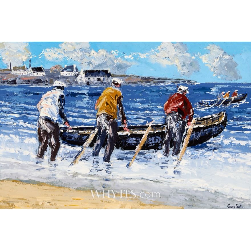 Lot 25. Whytes Art Auction. Mon 19/Oct/26.”Currach Launch. Kilmurvey Beach,Inishmore Island. Co Galway” oils. Canvas 20/30ins. Online bids now. Whytes.ie.