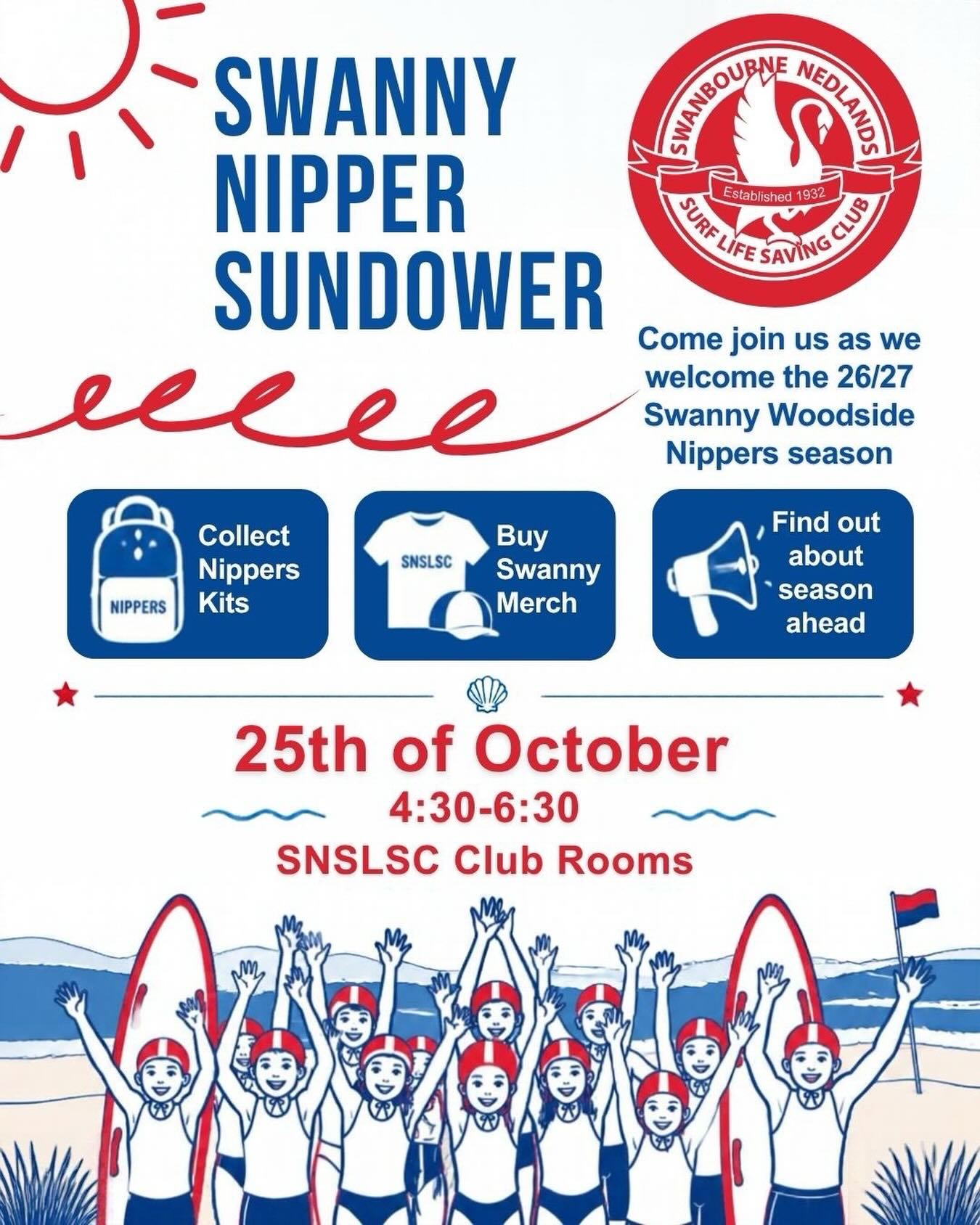 🏖️Nippers is back!!
Come join us at the Nipper Sundowner to welcome in the new season, collect your nippers kits and pick up some new merch for the summer ahead ☀️🦀
See you on the 25th of October!
