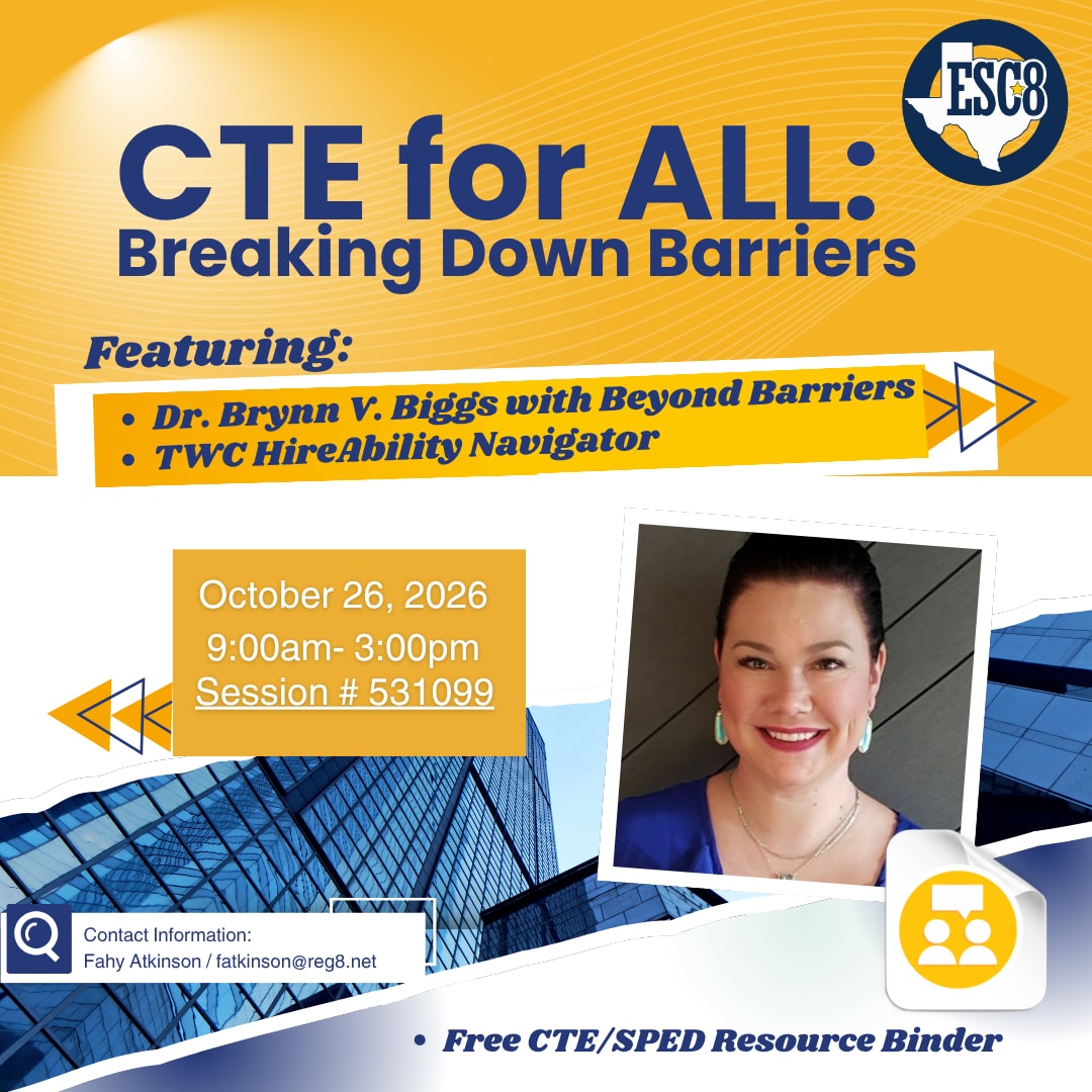 In this session, participants will explore practical strategies for creating inclusive CTE classrooms that support students of all abilities. Learn how to remove barriers, increase access, and align supports to ensure meaningful participation and success in high-demand career pathways.
Featuring guest speaker Brynn Biggs, whose expertise spans career and technical education, person-centered planning, and program reform, this session will highlight real-world connections between education, workforce readiness, and inclusive practices.
Registration Link: https://txr8.escworks.net/catalog/session.aspx?session_id=531099
