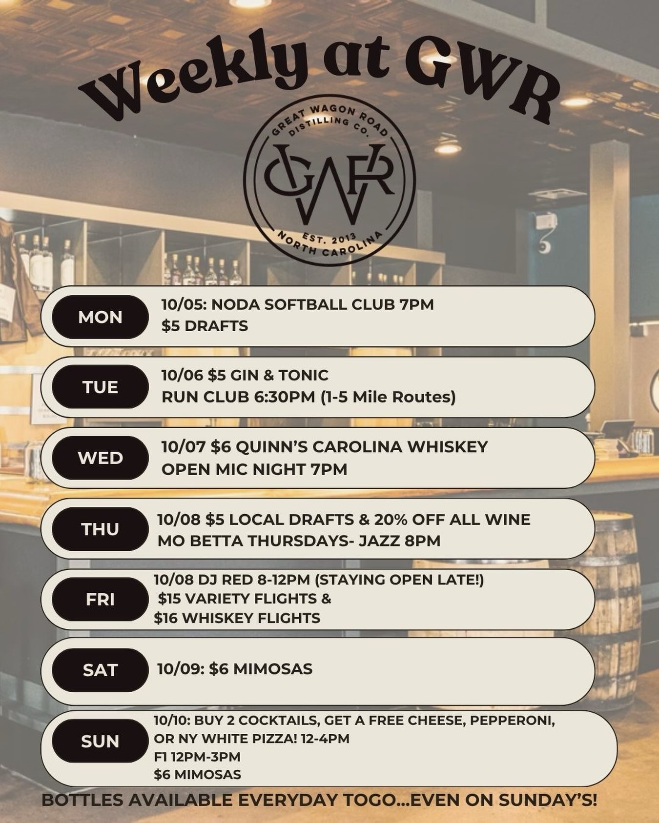 WEEKLY AT GWR 🍻
Another week, another reason to make GWR NoDa part of the plans.
⚾ MON: Noda Softball Club + $5 drafts
🏃 TUE: Run Club + $5 Gin & Tonics
🎤 WED: $6 Quinn’s + Open Mic
🎷 THU: Mo Betta Thursdays + $5 local drafts + 20% off wine
🎧 FRI: DJ Red 8PM–12AM + $15 variety flights + $16 whiskey flights
🍾 SAT: $6 Mimosas
🍕 SUN: Buy 2 cocktails, get a FREE cheese, pepperoni, or NY white pizza + F1
FRIDAY = DJ RED 🎧🔥
He’ll be keeping the NoDa energy going from 8PM–midnight, and we’re staying open late so you don’t have to call it a night early. Grab a flight, grab your friends, and let DJ Red take care of the soundtrack.
Plus 14 beers on draft, free parking, and bottles available every day — even Sundays. 👀
See you at GWR! 🥃🍕🍻