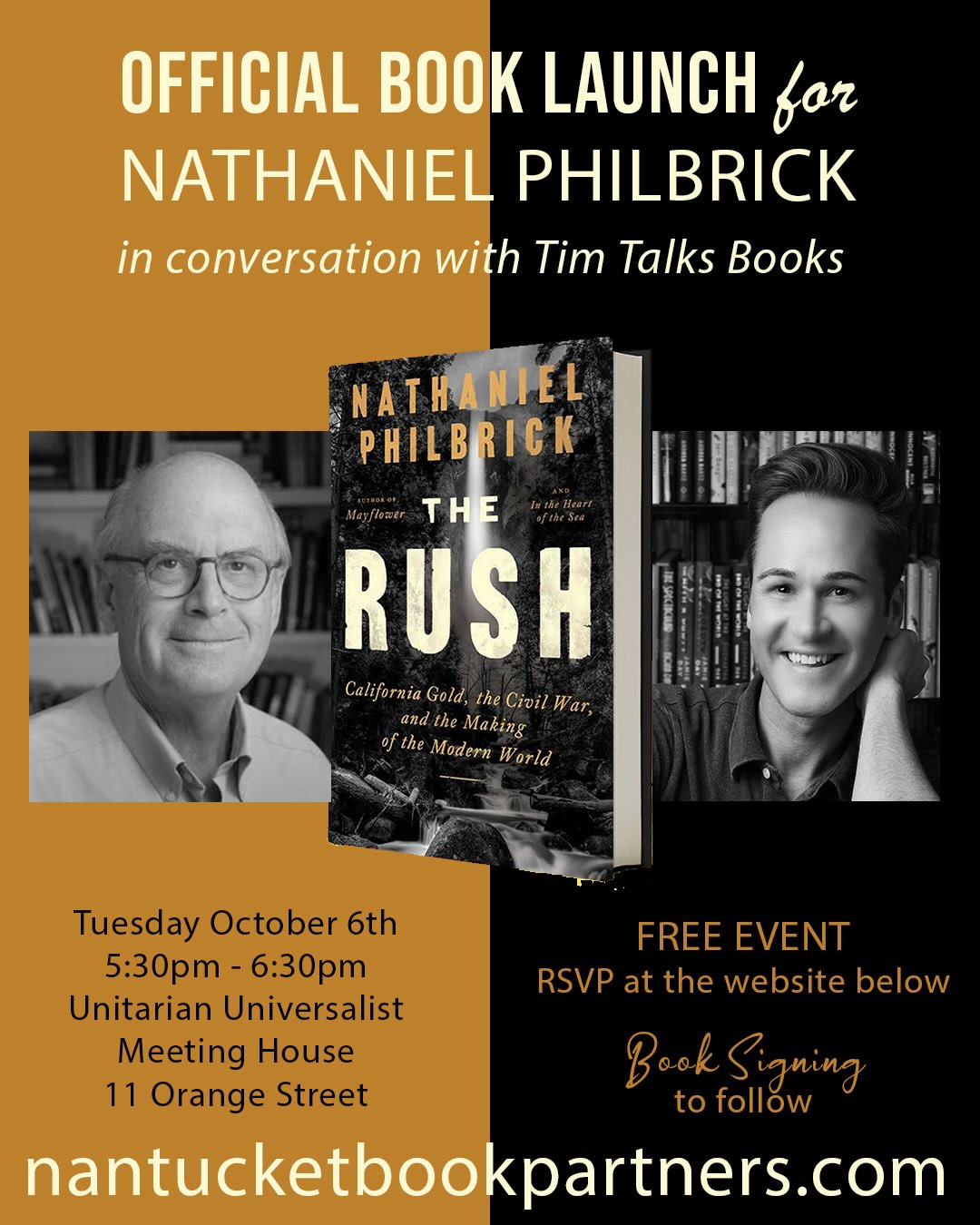 TOMORROW, Tuesday October 6th at 5:30pm is the official launch of “The Rush” by Nantucket’s very own @natphilbrick at the Unitarian Universalist Meeting House located at 11 Orange Street. Nat will be in conversation with president of the @nantucketbookfestival, @timtalksbooks and there will be a book signing to follow.
Not on island? You can still order an Autographed copy and also get the exclusive bookmark with gold tassel. Visit nantucketbookpartners.com for this special offer.
This is a free event, and seating is first come, first served. Doors will open at 5pm.