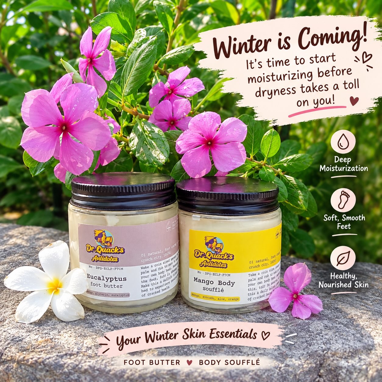 ❄️ Winter is coming… and your skin deserves a little extra love! 🧴✨
Don’t wait for dryness to take a toll on your skin. Start moisturizing early and keep your skin feeling soft, smooth & nourished all season long. 💕🌿
🦶 Eucalyptus Foot Butter — for happy, pampered feet
🥭 Mango Body Soufflé — for deliciously soft, moisturized skin
Because winter care starts before the dryness does! 😉✨
💗 Moisturize. Nourish. Glow. Repeat.
#WinterSkinCare #WinterIsComing #Moisturize #BodyCare #FootCare SkinCareEssentials BodySouffle FootButter DrySkinCare HealthySkin SoftSkin SmoothSkin NourishedSkin SelfCare BodyCareRoutine WinterCare SkincareRoutine GlowAllSeason PamperYourself DrQuacksAntidotes
❄️ 🧴 🥭 🦶 🌿 💕 ✨ 🌸 🤍 🫧 💗 🌱