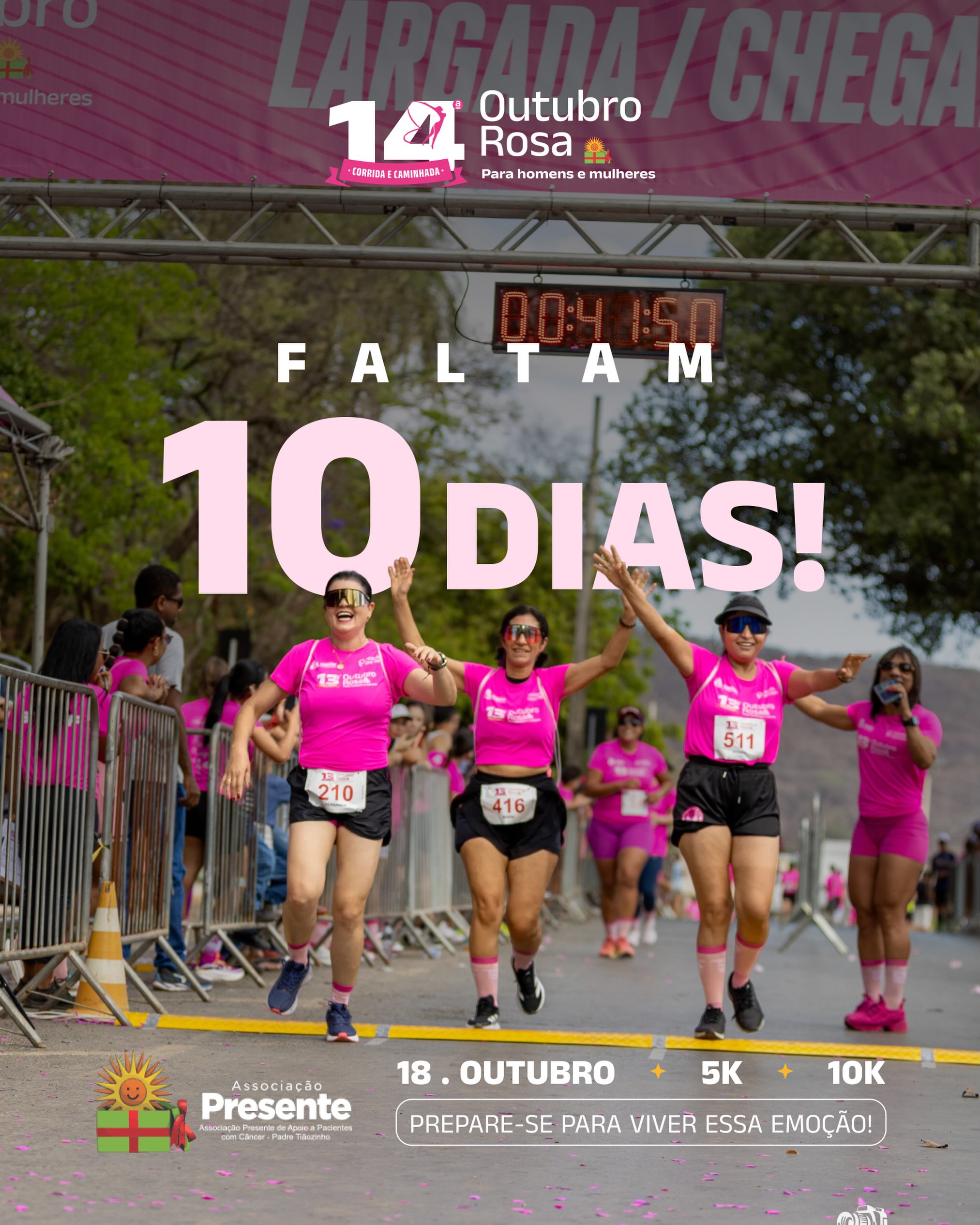 🚨 CONTAGEM REGRESSIVA ATIVADA! 🚨
Faltam 10 dias! 💗🏃♀️🏃♂️
O coração já começou a bater mais forte antes mesmo da largada! Já pode se preparar para entrar no clima, com a energia lá em cima, porque o grande dia está chegando! ✨
E tem mais uma forma de fazer parte dessa corrente de solidariedade: na entrega dos kits, cada atleta pode levar uma doação para o Bazar Presente. Vale roupa, calçado, utensílio doméstico ou item de decoração, desde que esteja em bom estado.
E atenção para esse detalhe: quem fizer a doação vai concorrer a uma viagem para Porto Seguro! 🌊☀️
** O sorteio será realizado no dia da corrida, pelo número de inscrição do atleta. Para participar, é preciso entregar a doação no momento da retirada do kit. **
Quem já está pronto para viver essa manhã com a gente? 🩷
📅 18 de outubro
📍 Parque Municipal Milton Prates
.
#CorridaRosa #OutubroRosa #AssociaçãoPresente #CorridaECaminhada #MontesClaros