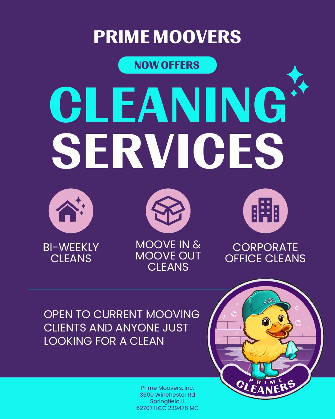 Prime just got even cleaner. ✨ 🐮🐤
We’re excited to officially announce that Prime Moovers now offers professional cleaning services!
Whether we’re already helping with your move or you just need someone to get your space looking fresh, our cleaning services are open to everyone.
🧹 Bi-weekly cleaning
🏡 Move-in & move-out cleaning
🏢 Corporate office cleaning
✨ Standalone cleaning services, no move required
Moving and cleaning already go hand in hand, so we figured, why not make things a little easier?
Already mooving with Prime? Ask us about adding a clean to your move.
Not moving at all? That’s perfectly fine too. We’d be happy to help keep your home or office clean.