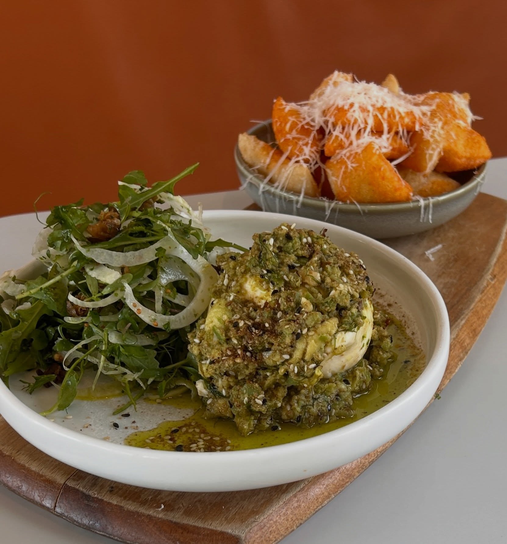 #newtothemenu Burrata, smashed green olives, fennel, lemon & dukkah and still with Pizza Fritti & chilli butter