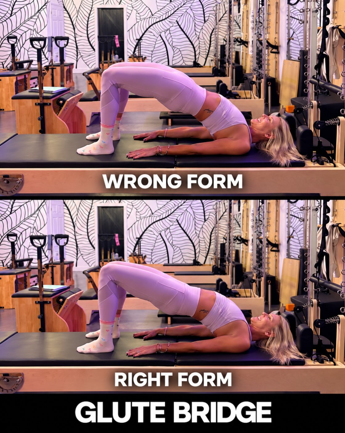 A glute bridge isn’t about lifting your hips as high as possible—it’s about moving with control.
For a stronger, more intentional bridge:
✨ Keep your feet about hip-width apart
✨ Press through your whole foot
✨ Gently engage your core and keep your ribs relaxed
✨ Lift your hips until your body feels long and supported
✨ Avoid squeezing your glutes at the top
✨ Lower slowly and repeat
Think “glutes doing the work,” not “push into the biggest backbend.” Your range may look different from someone else’s, and that’s okay.
Save this for your next Pilates session!