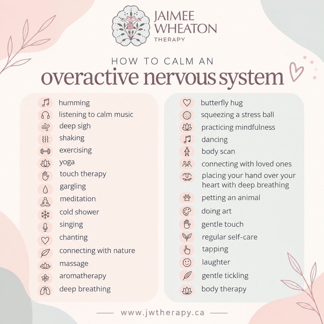 When your nervous system feels like it’s stuck in overdrive, small moments of regulation can help your body shift out of fight-or-flight and back toward a greater sense of safety and calm.
You don’t need to use every strategy on this list. Experiment with a few and notice what your body responds to. Sometimes movement helps, sometimes connection helps, and sometimes something as simple as humming, music, deep breathing, or spending time outside can make a difference.
At Jaimee Wheaton Therapy, I provide practical, supportive, and non-judgmental therapy for adults experiencing anxiety, ADHD, trauma, OCD, depression, emotional regulation difficulties, relationship stress, and more. My approach incorporates evidence-based therapies such as CBT, DBT, exposure-based strategies, mindfulness, somatic/body-based approaches, Schema Therapy, and attachment-informed work.
📍 Toronto, Ontario
💻 Virtual & in-person therapy
🌙 Evening & weekend appointments available
☎️ Free phone consultations
🌿 Individual & couples therapy
🔗 www.jwtherapy.ca
Therapy should be practical, respectful, and human.
#NervousSystemRegulation #AnxietyTherapy #TraumaTherapy #ADHDTherapy #TorontoTherapist #TorontoTherapy #MentalHealthToronto #SomaticTherapy #EmotionalRegulation #StressManagement #MindBodyConnection #CBTTherapy #DBTSkills #SchemaTherapy #OCDTherapy #TherapyTools #MentalHealthSupport #PsychotherapyToronto #JaimeeWheatonTherapy