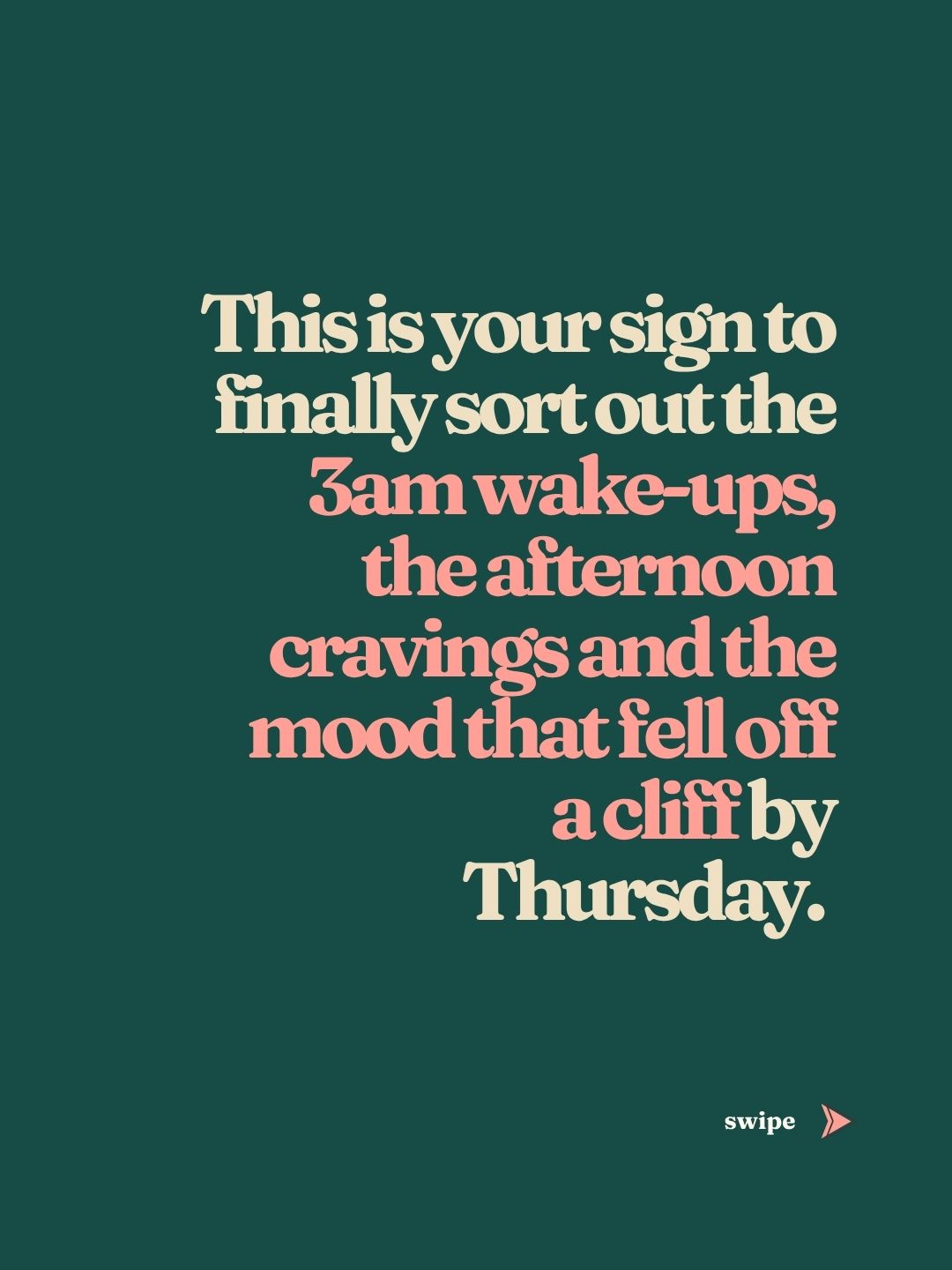 The 3am wake-up, the afternoon cravings, the mood that fell off a cliff by Thursday. Not three separate problems.
One problem. And it has a genuinely unglamorous fix.
Your blood sugar has been on a rollercoaster all day. By the time you go to bed, it crashes. Your body panics, releases cortisol, and wakes you at 3am with your brain running a greatest hits of every awkward thing you've ever said at a meeting.
Then you skip breakfast (or have a coffee and a rice cake and call it a win), blood sugar spikes and crashes again by 2pm, and by 4pm you would eat the kitchen worktop if it had chocolate on it.
The fix is not a supplement. It is not a morning routine. It is not intermittent fasting (which, tbf, is probably making this worse).
It is eating more in the first half of the day. A proper breakfast with actual protein. Cutting caffeine off at 1pm. A real evening meal. Less alcohol. (Realistic here. Less, not none.)
Was I annoyed that the answer was this boring? Absolutely.
Does it actually work? Yes.
Save this for tomorrow morning, and if it landed, share it with someone who needs it.
