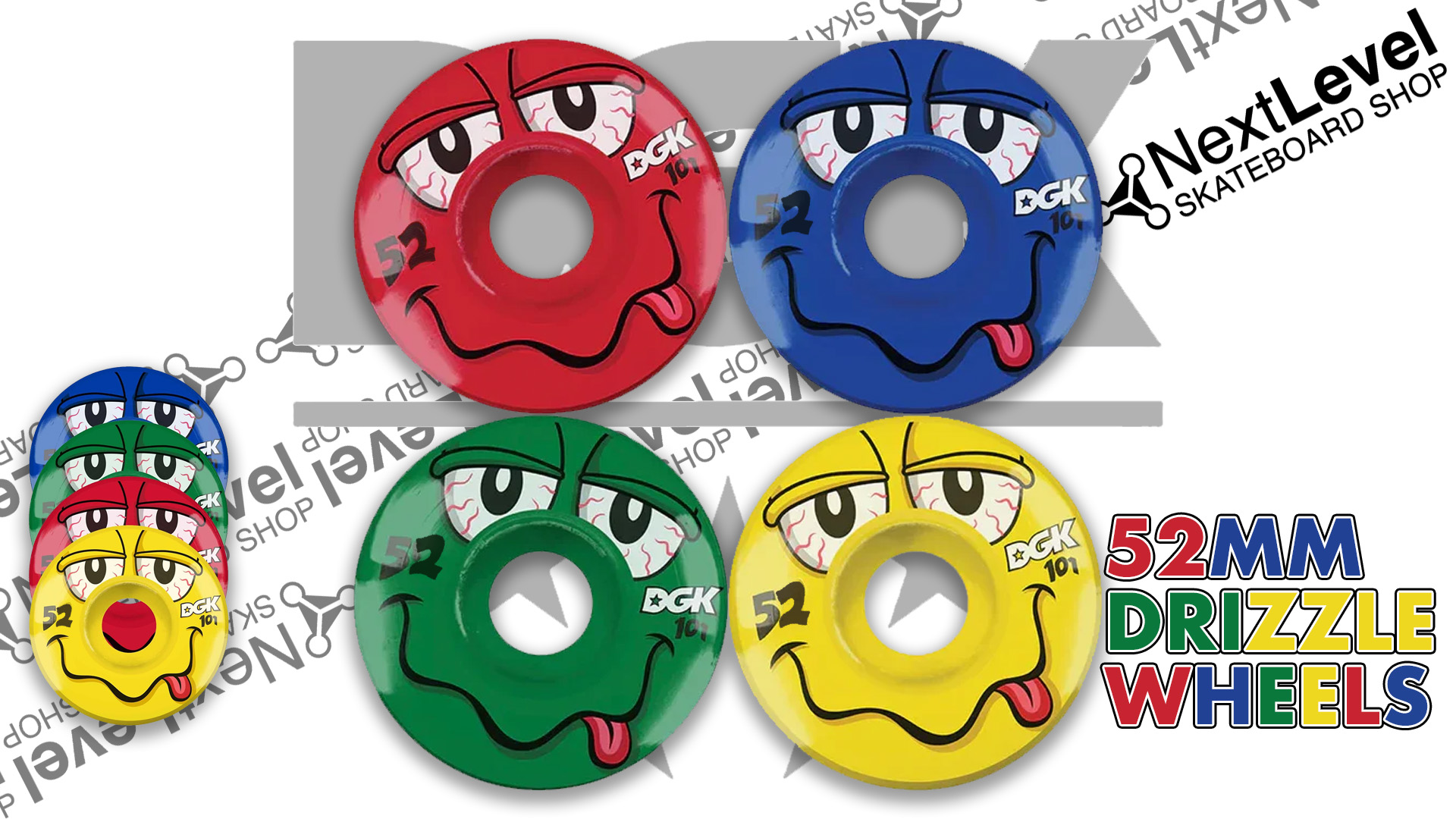 The Drizzle skateboard wheels from DGK Skateboards come in a multicolored pack of 4 and measure at 52mm tall with a urethane rating of 101a. The wheels feature flatter sides for easier lock-in on grinds, and have DGK logo script for branded detail.
Available at Next Level Skateboard Shop
@nextlevel_skateboards
@dgk