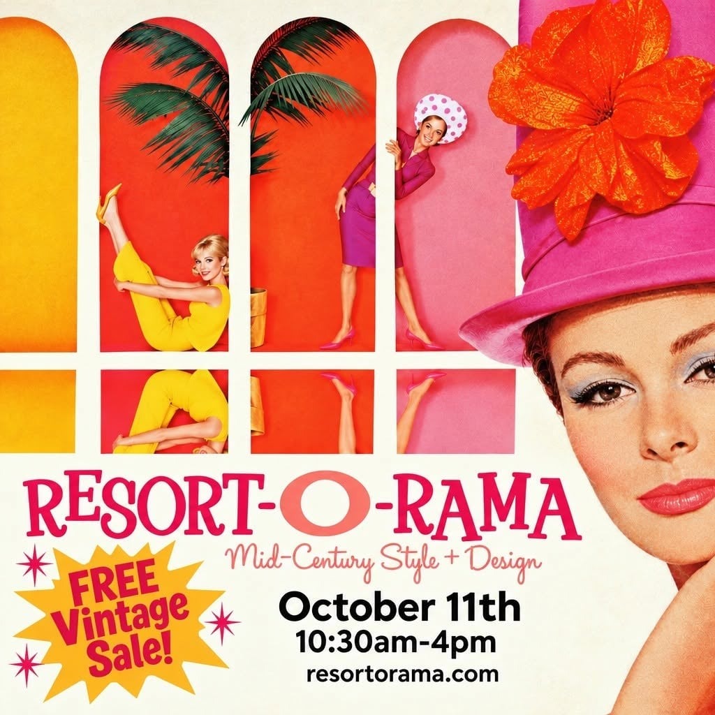 THIS SUNDAY! @resortorama is BACK! Come shop!!
🌷 Mid-Century Modern Vintage & Retro Indoor Marketplace! 🌷
FREE and Open to the Public! No ticket required.
Sunday October 11th 10:30am-4pm
Flamingo Resort & Spa, Santa Rosa
⭐ Vendors Include: ⭐
71 Vintage Cravings
Mid Century clothing & accessories
@71vintagecravings
Brand Camp
Hand-Drawn Original Art & Prints for your Mid-Mod Home & Bar
@brandcamp
CaftanDaddy
Handcrafted caftans for discerning people & those they love
@caftandaddy
Calabaza
Vibrant original modern abstract patterns & colors for home
@calabazagoods
Carried Away
MCM homegoods
@carriedawayinthebay
Chick-A BOOM! Vintage
Vintage & Hawaiian clothing from the 1940s-1970s
@Shopchickaboomvintage
Clever Vintage Clothing
Marvelous Mid-Century attire for men & women of all sizes
@clevervintageclothing
Fizzy Cuffs
Handmade leather accessories inspired by the 60’s mod aesthetic.
fizzycuffs
Fox & Doll
Colorful and glittery mid-century inspired acrylic jewelry & accessories
@shopfoxanddoll
Heidiline
Eye-catching, uniquely designed handbags
@myheidiline
Lorelei’s Vintage
Recreating the exotic Aloha Wear of Yesteryear
@loreleis_vintage33
MidMod Studio
Fun, Funky & Functional art
@midmodstudio
Miss P Vintage
Vintage Clothing MCM & Kitsch
@misspvintage
Mtkahuna Vintage
Vintage Modern clothing, Jewelry, Accessories, & Home Goods
@mtkahuna
Raw Vintage
40s-60s Vintage Clothing for men & women
@_raw_vintage
Shawna Chan
Illustration-led goods inspired by color, heritage, food, cats+
@byshawnachan
Shipwrecked Design and Vintage Treasures
Exotic Floral & Fauna handmade fascinators & vintage attire
@shipwrecked_design_and_vintage
Spirited Sweets Chocolates
Handmade booze-infused bonbons
@spiritedsweetschocolates
Stuff-O-Rama
Limited Edition MCM accessories & novelties
@stufforama_
SupersonicModern
Original paintings & limited edition architectural prints
@supersonicmod
The Little Shop Of Hers & Seamoor's Novelties
Retro Toys, Novelties & Vintage Gems!
@thelittleshopofhers
Thx, it’s Vintage!
@thx_its.vintage
Tiki Oasis Treasures
Event Merchandise & other delights
@tikioasis
Treasure House Fine Home Consignments
@treasurehouseconsignments