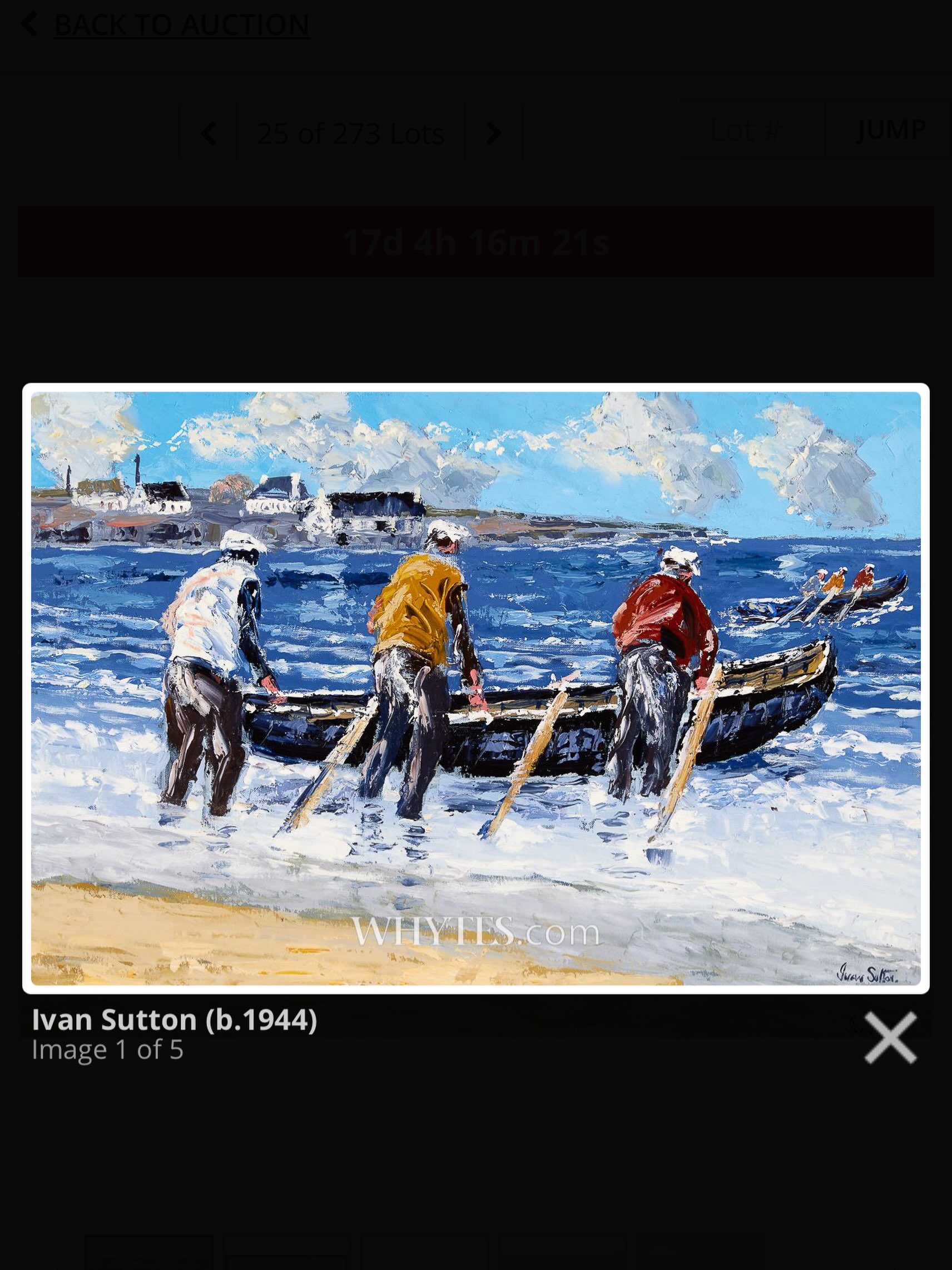 Lot 25. Whytes Art Auction. Mon 19/Oct/26.”Currach Launch. Kilmurvey Beach. Inishmore Island. Co Galway “. Oils. Canvas 20/30ins. Guide €1500.
