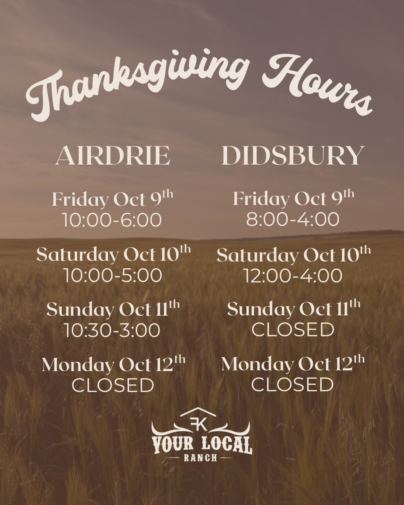 Be sure to stop in this week to gather your thanksgiving necessities! 🦃🥩🥬
📍Both locations will be closed Thanksgiving Day
🗓️If you placed a turkey order, pickup will be October 9th-11th
We wish everyone a relaxing Thanksgiving filled with yummy food and good company🤎