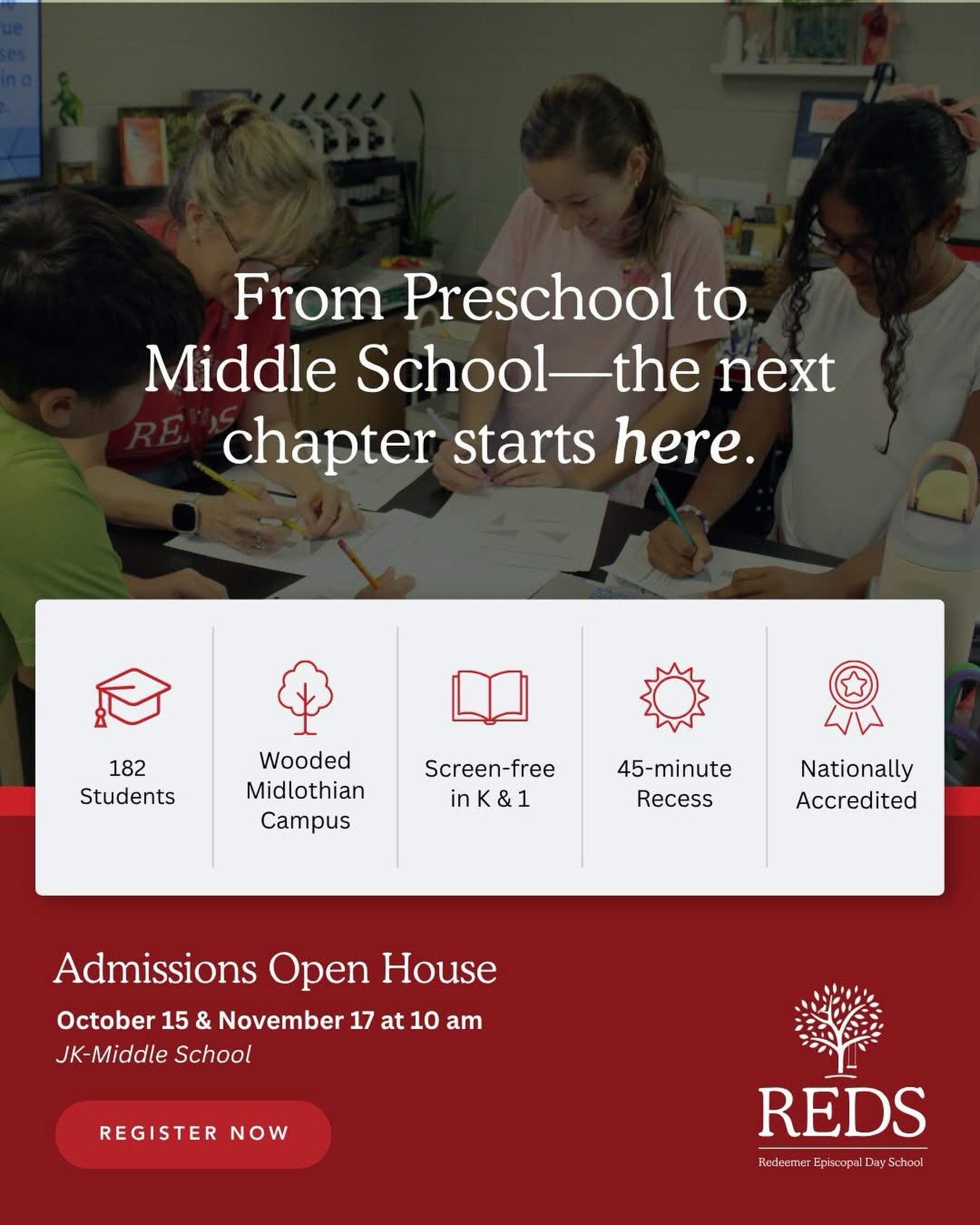 Choosing a school is a big decision. Join us at our Admissions Open House to walk the halls, meet the teachers, and see why so many Midlothian families choose REDS.🌳❤️
📅 October 15 or November 17
📍 2341 Winterfield Road, Midlothian, VA
🔗 RSVP at www.redsschool.org