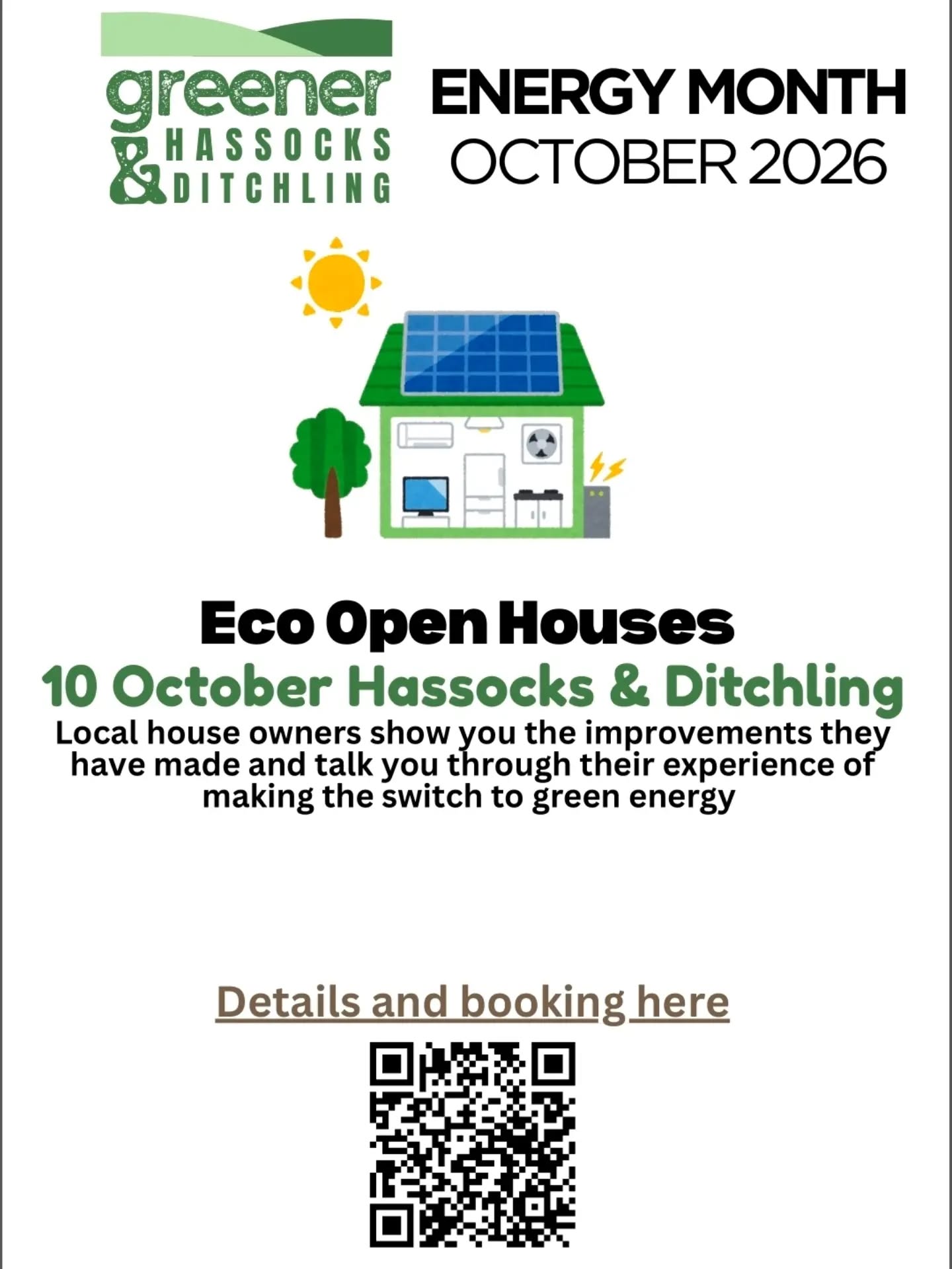 📢 Hassocks & Ditchling Eco Open Houses! This Saturday 10th October, come along to Greener Hassocks & Ditchling's free trail of open houses. Chat with the owners about the improvements they've made and the experiences they've learnt along the way - good and bad!
Book here to visit: https://www.eventbrite.com/cc/eco-open-houses-4854105/